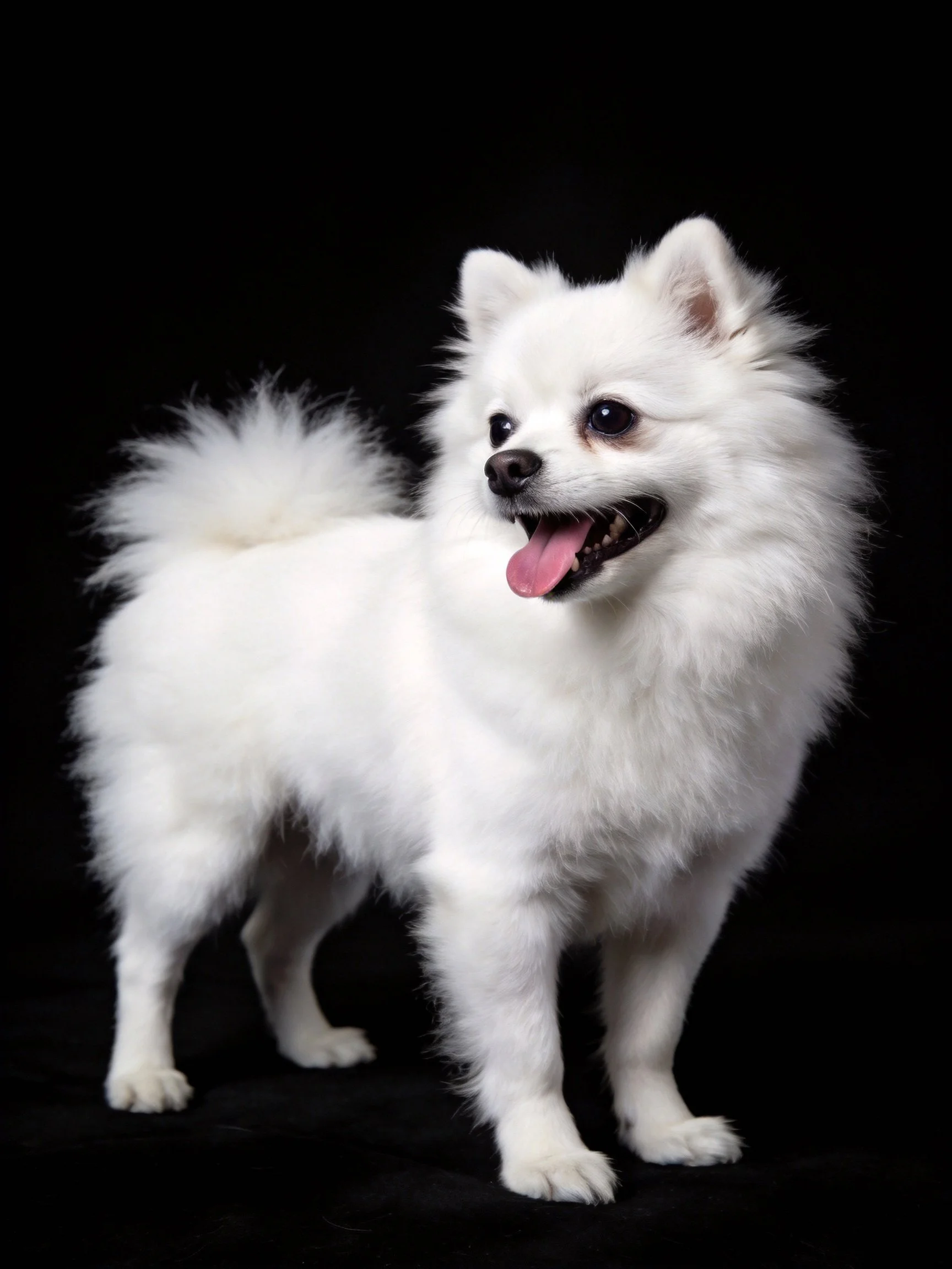 A small white fluffy dog stands happily against a black background.
