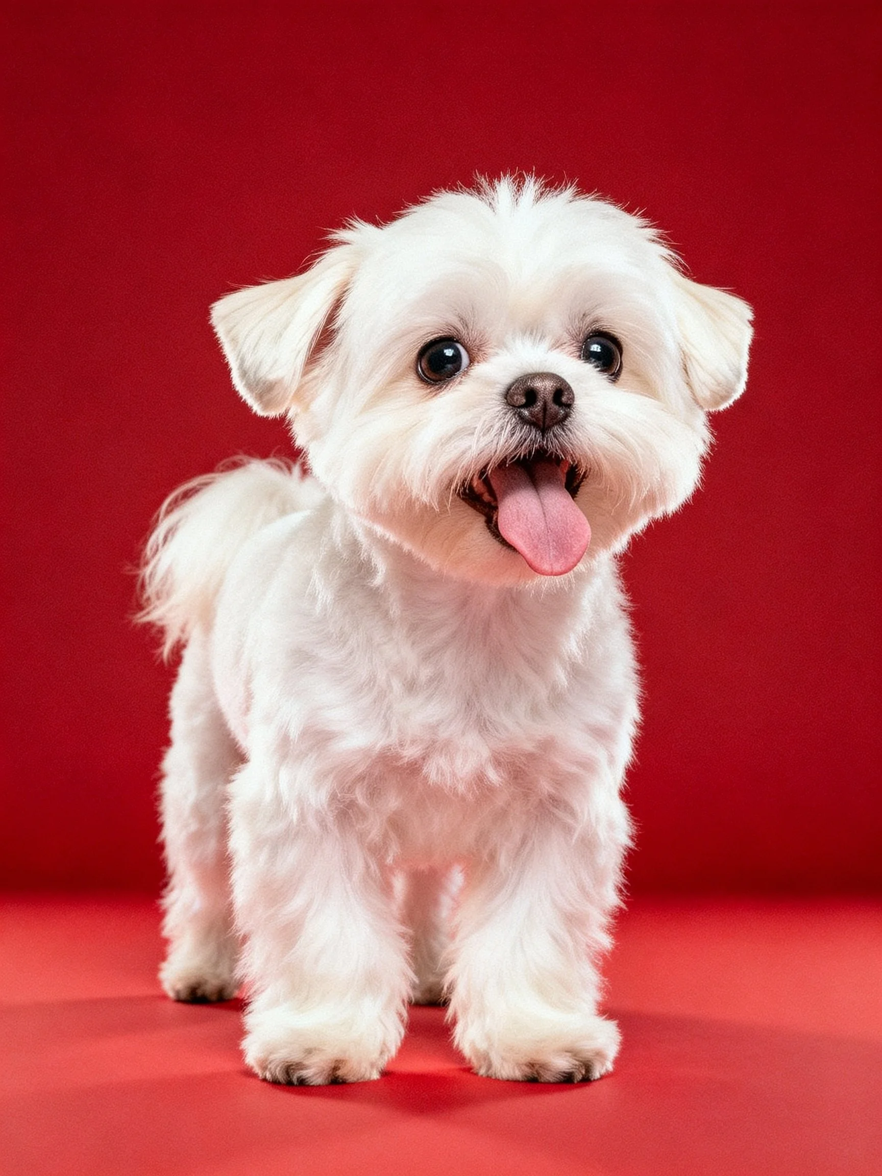 A small white dog stands cheerfully in front of a red backdrop