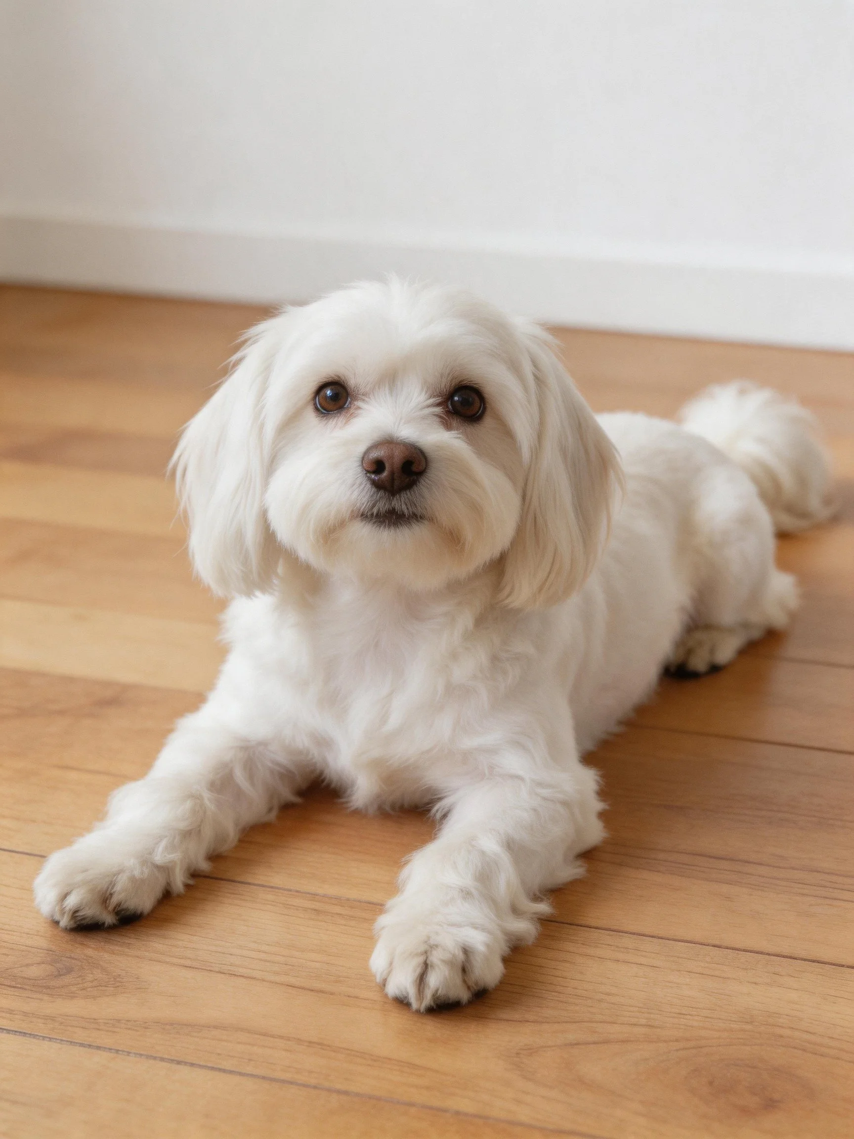 A small white dog lies calmly on a wooden floor.