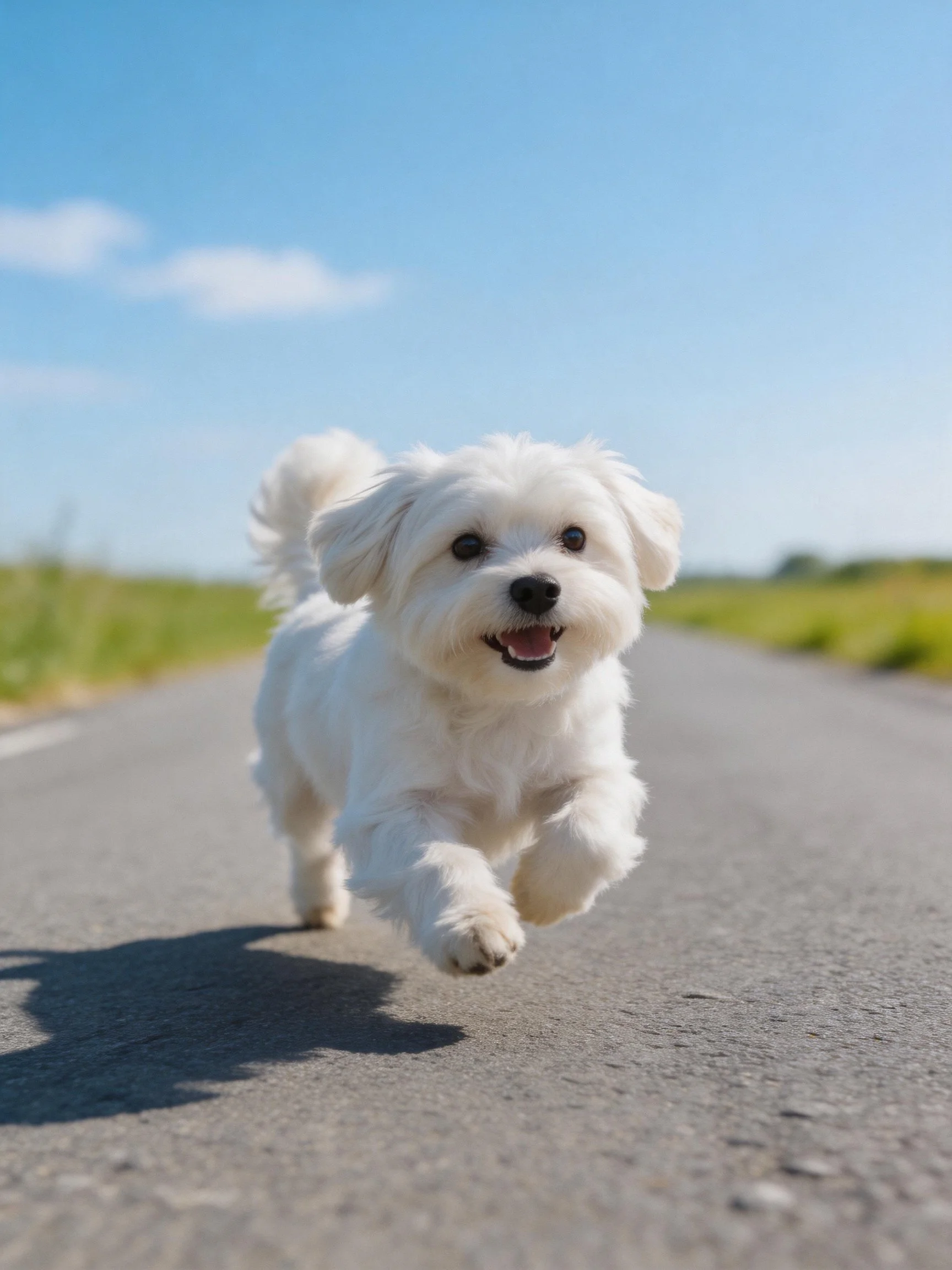 A small white fluffy dog runs joyfully along a sunny paved road.
