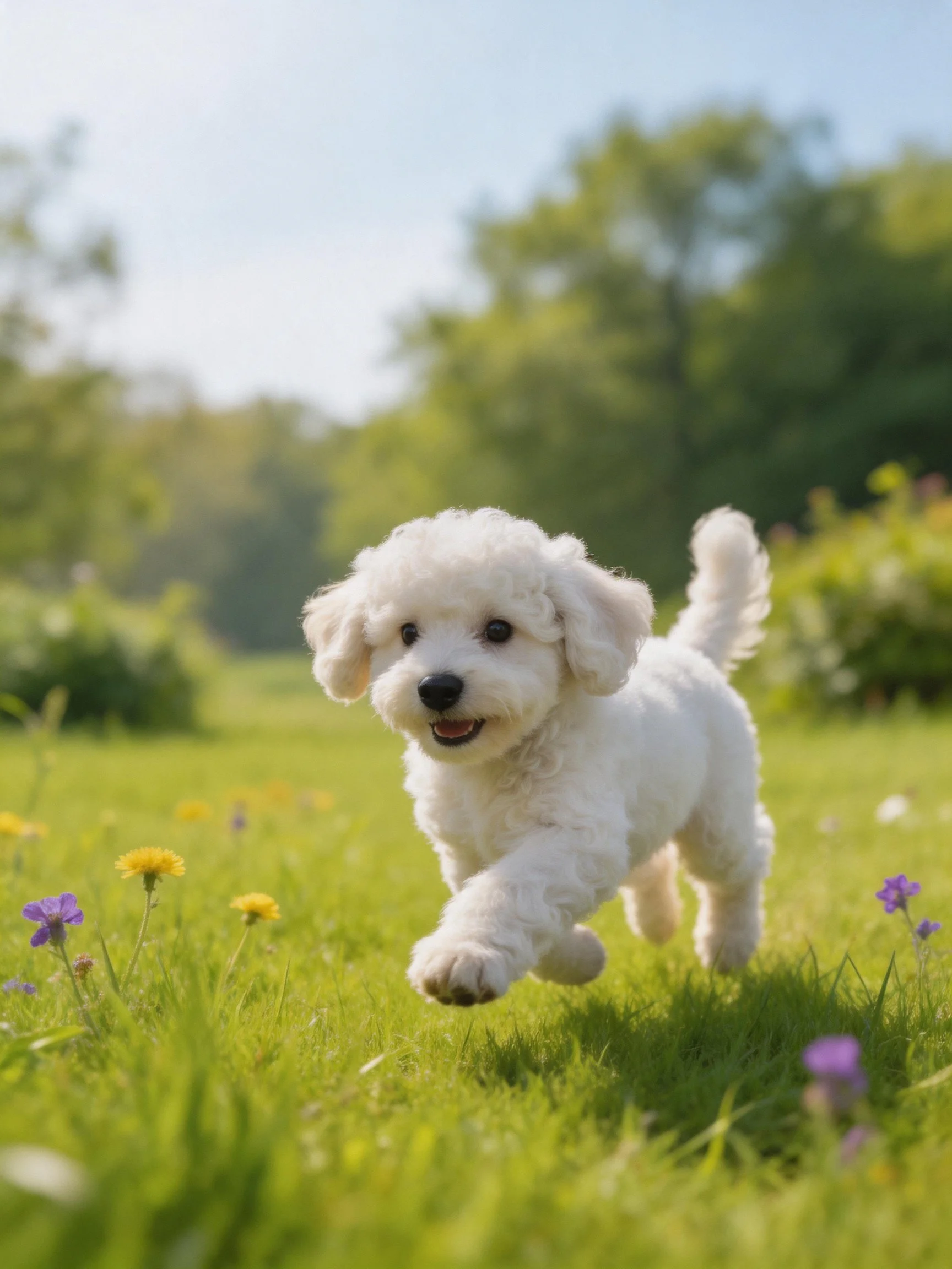 A small white dog joyfully runs through a flower-filled green field.