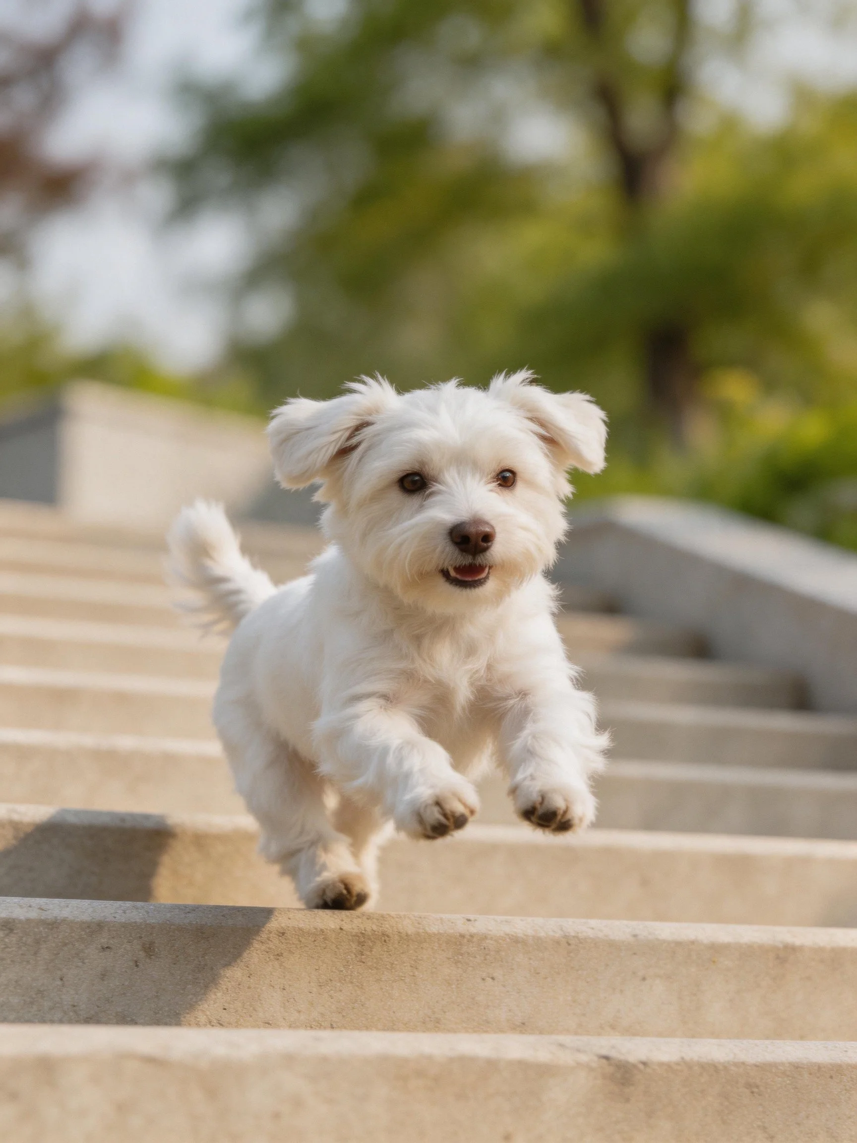 A small white dog joyfully runs up concrete stairs in an outdoor setting.