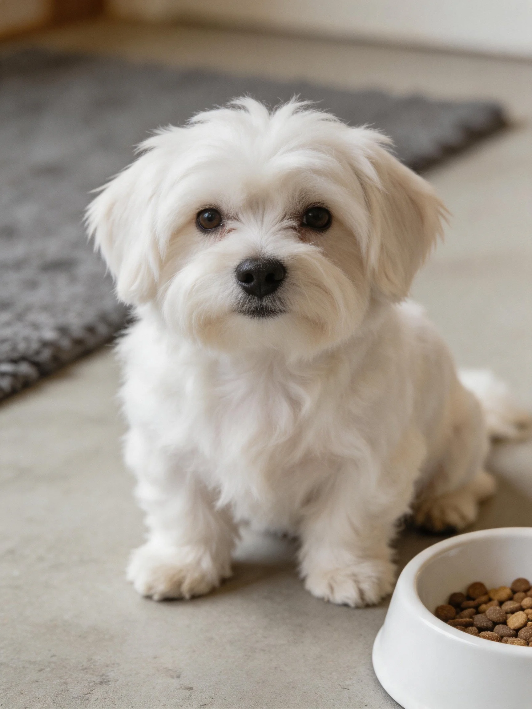 A small white dog sits next to a pet food bowl indoors