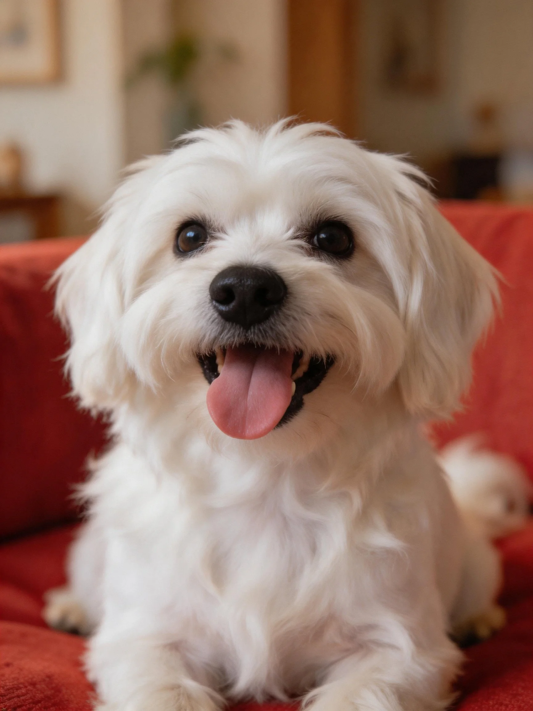 A small white dog sits happily on a red couch with its mouth open