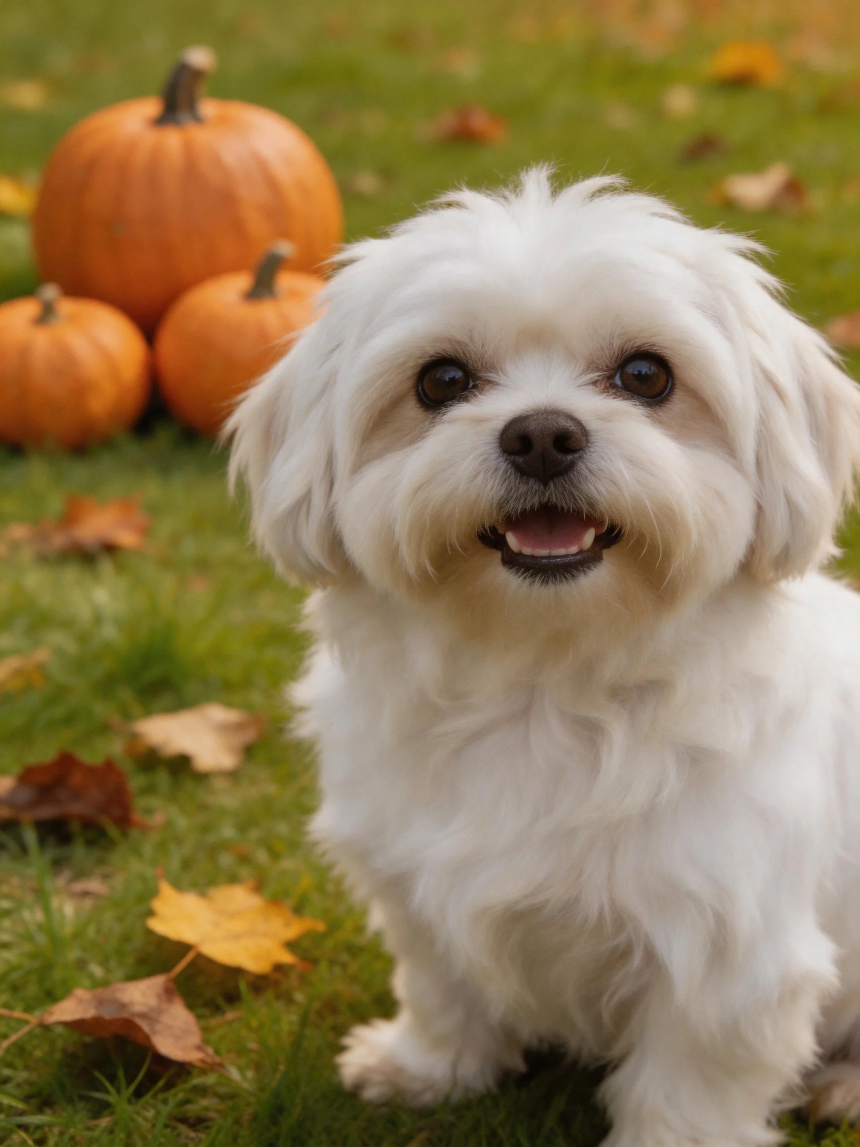 A small white fluffy dog sits near three orange pumpkins in an autumnal outdoor setting.