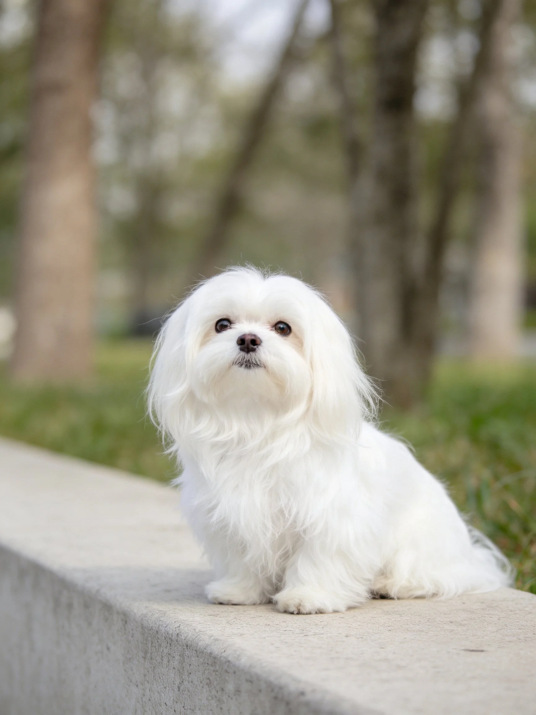 A small white dog rests on a concrete ledge in an outdoor area with trees.
