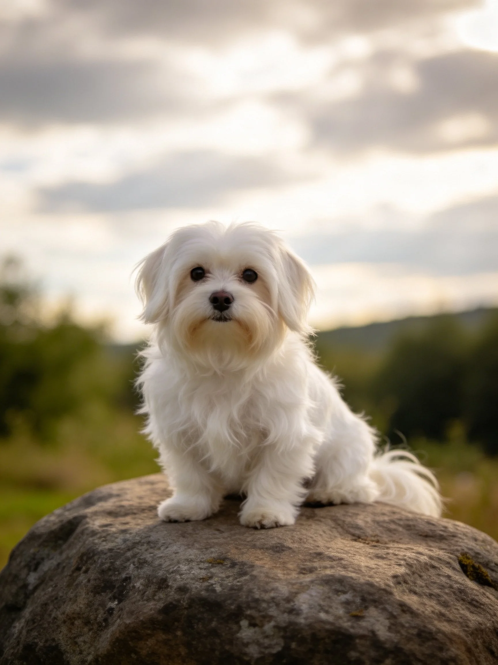 A small white dog sits on a large rock in a natural outdoor space.