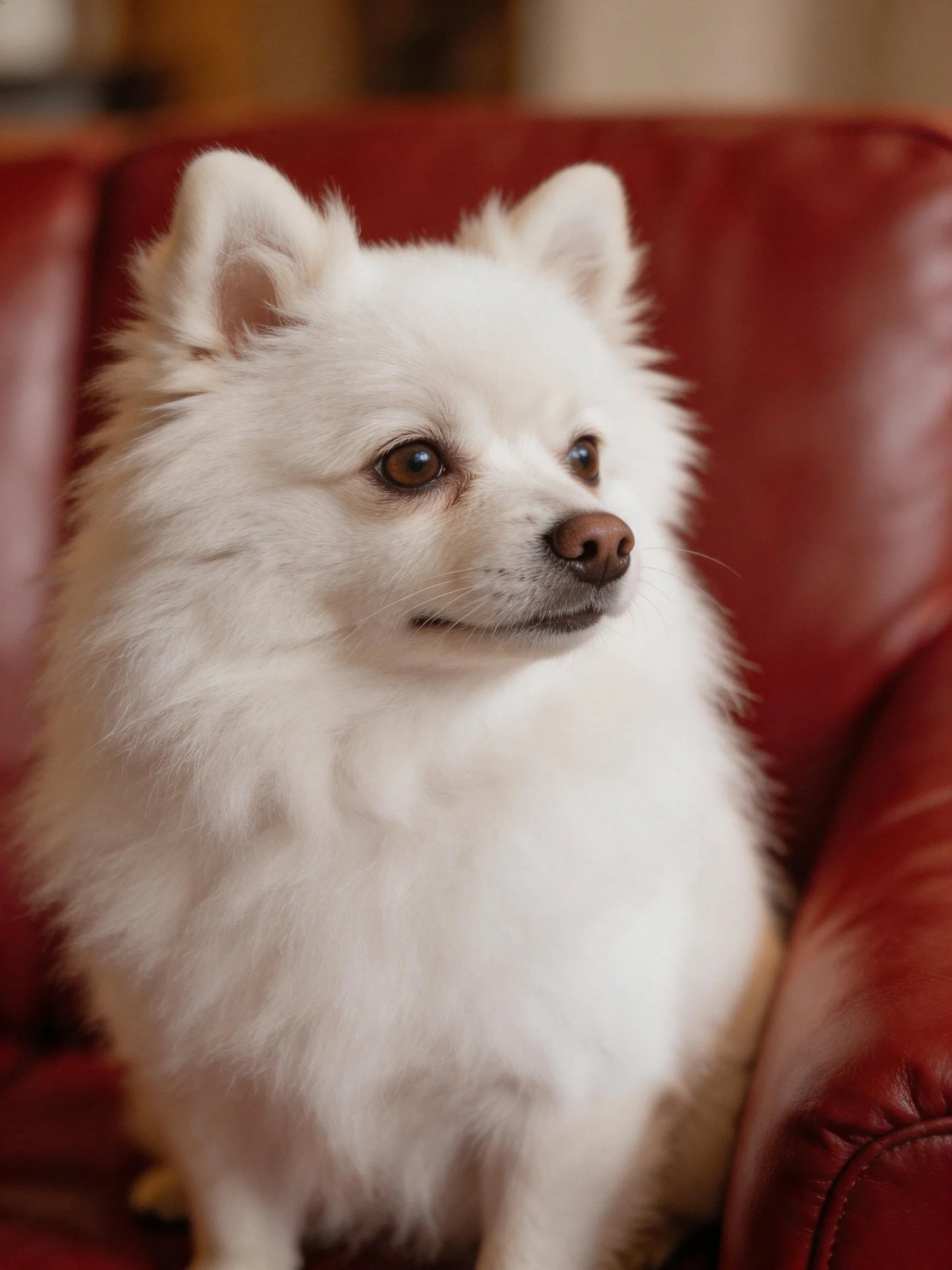 A small white fluffy dog sits calmly on a red leather couch.