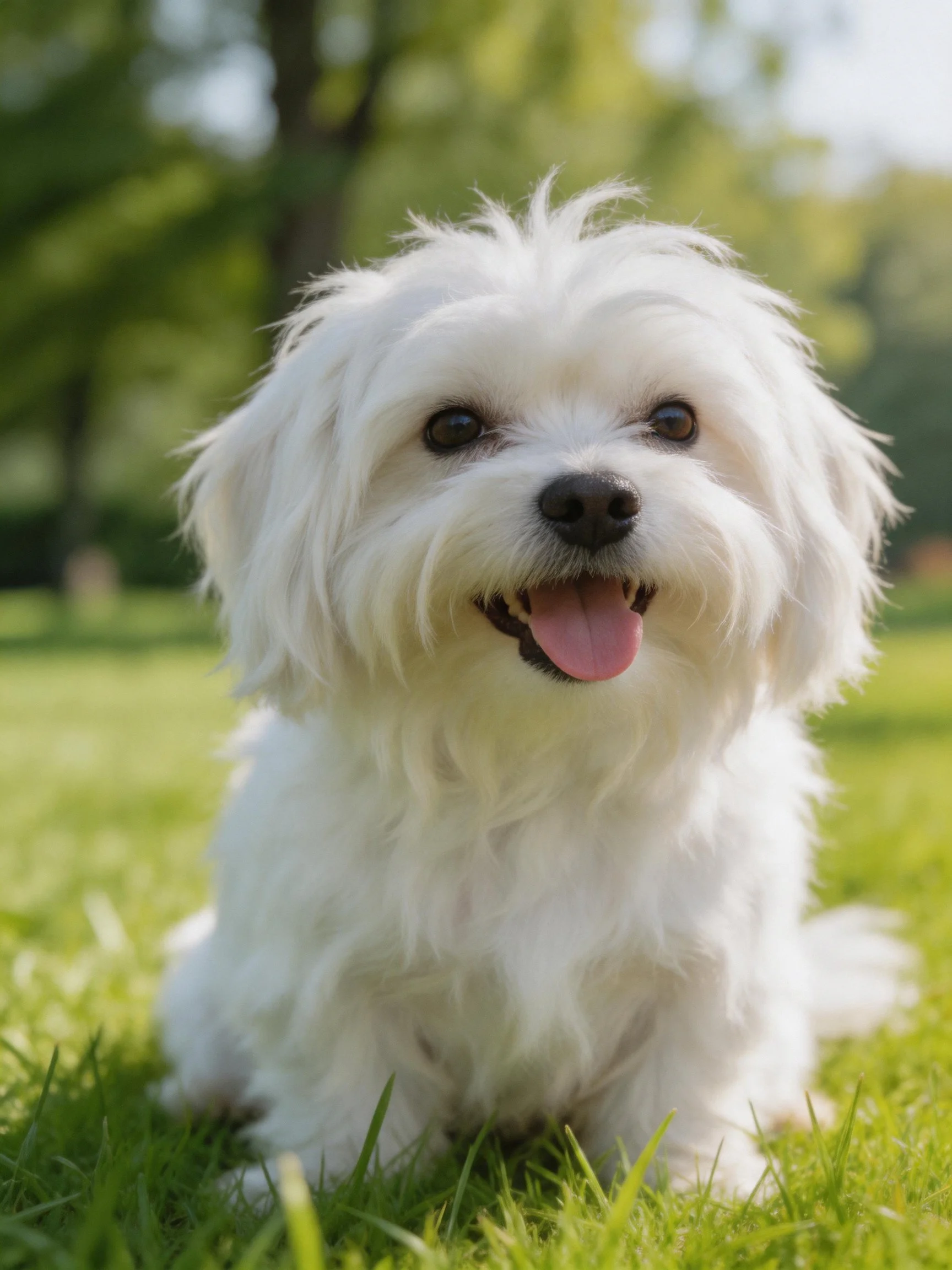 A small white fluffy dog sits happily on green grass outdoors