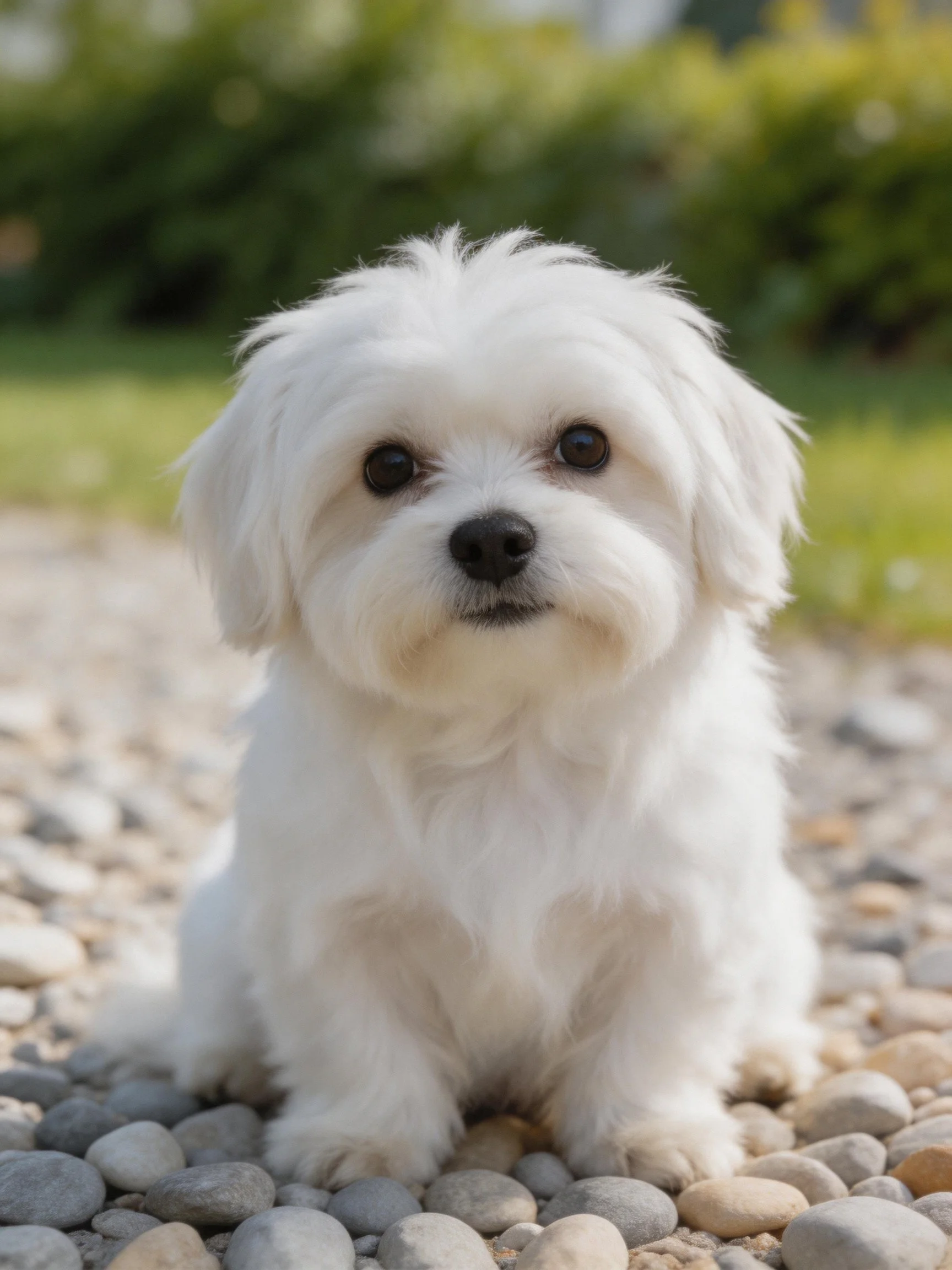 A small white dog sits among pebbles in a outdoor garden setting.
