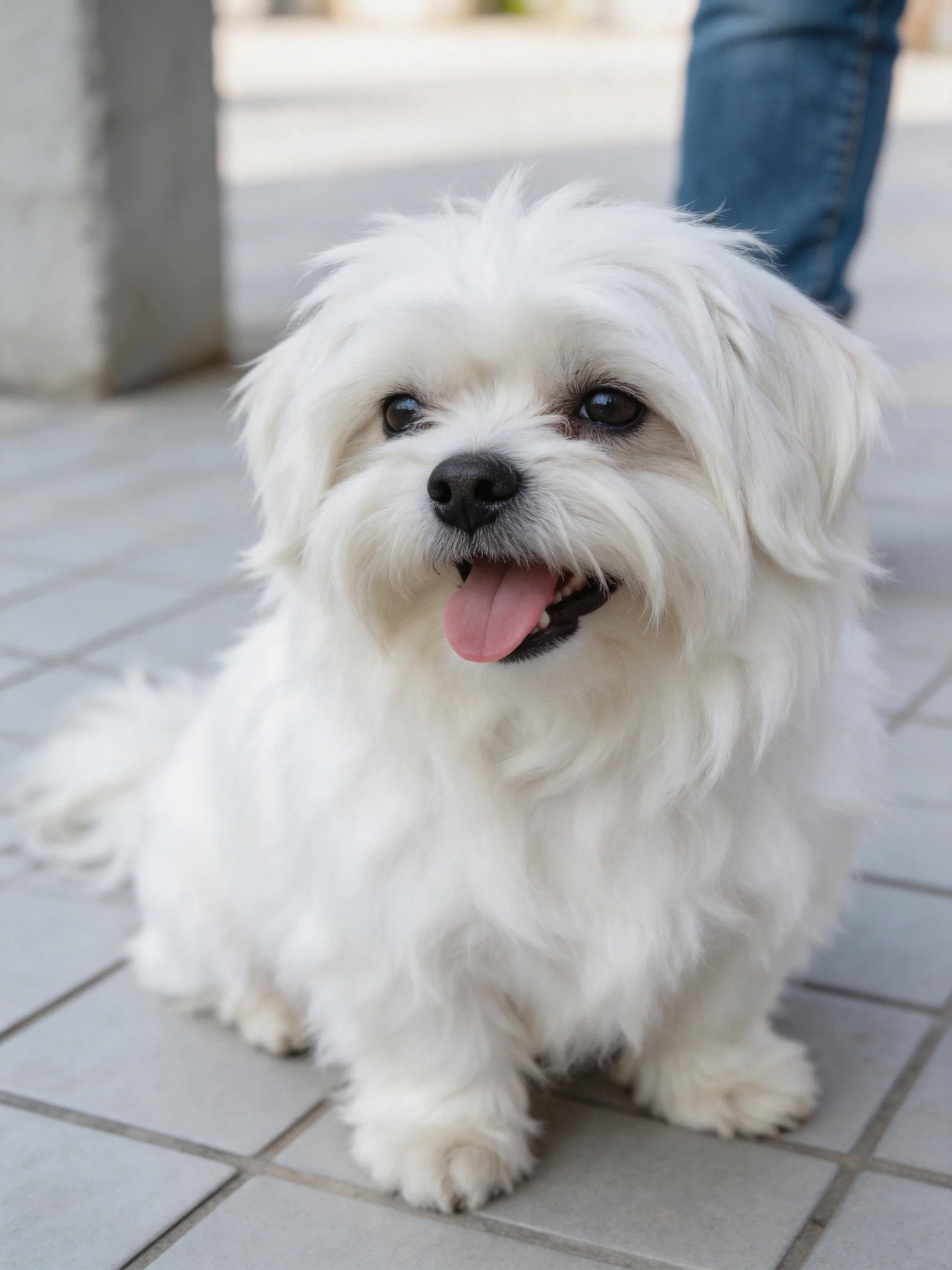 A small white fluffy dog sits calmly on tiled pavement with a person in jeans nearby.