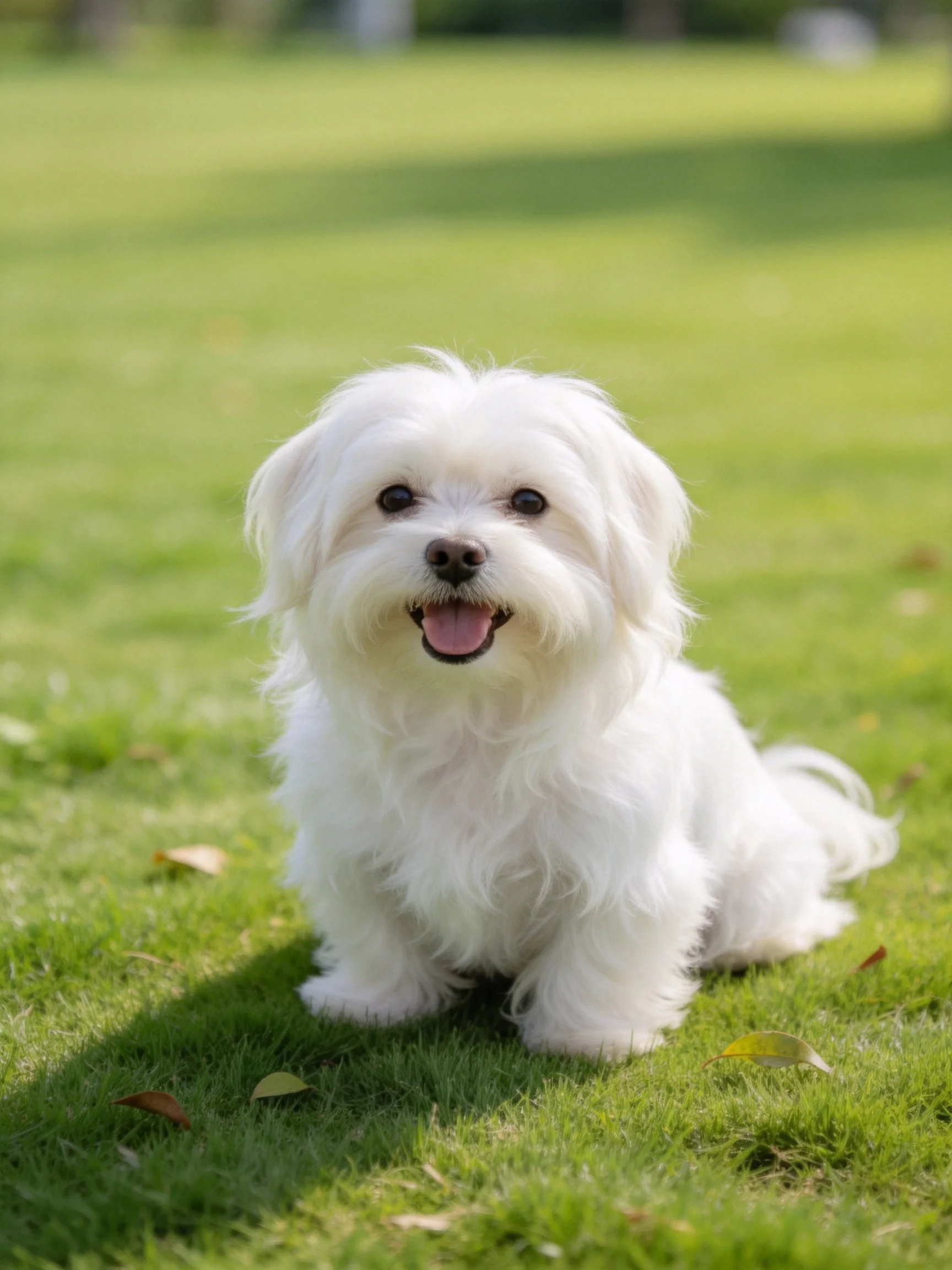 A small white dog sits happily on green grass.