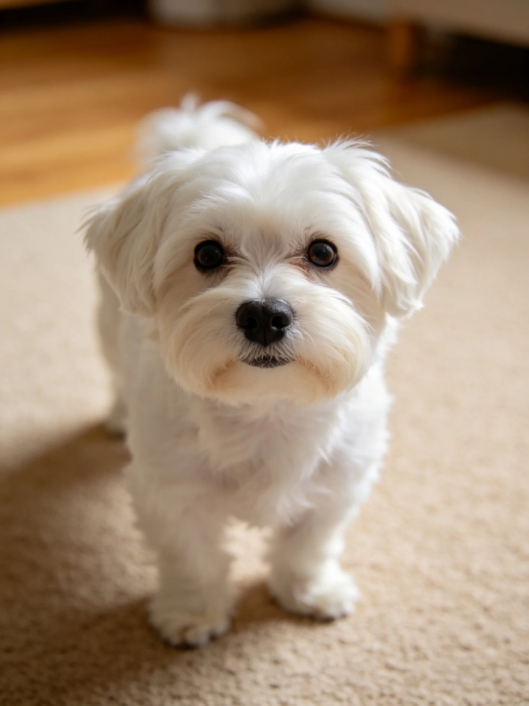 A small white fluffy dog standing on a beige carpet