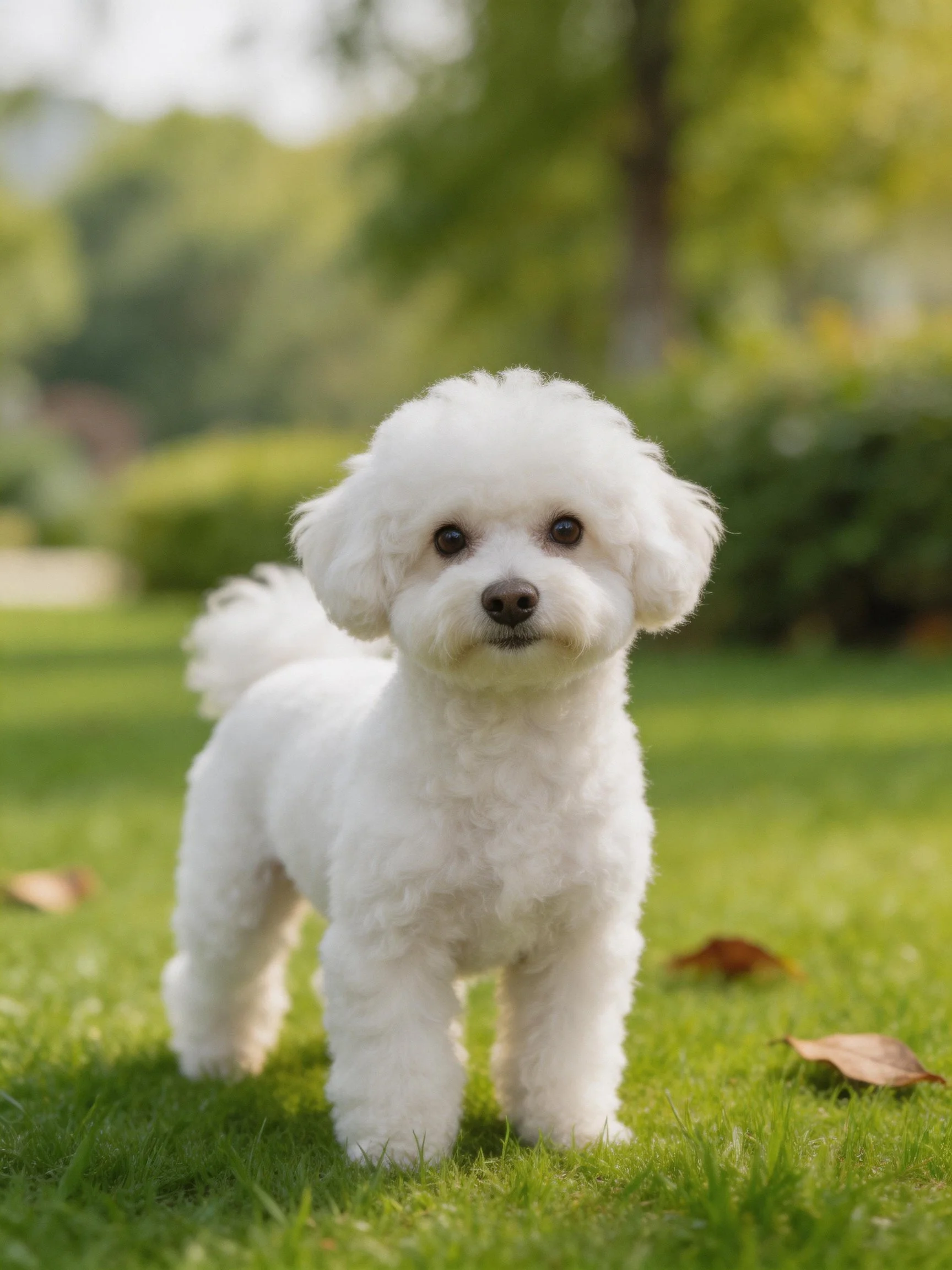 A small white dog stands on green grass in a peaceful outdoor park.