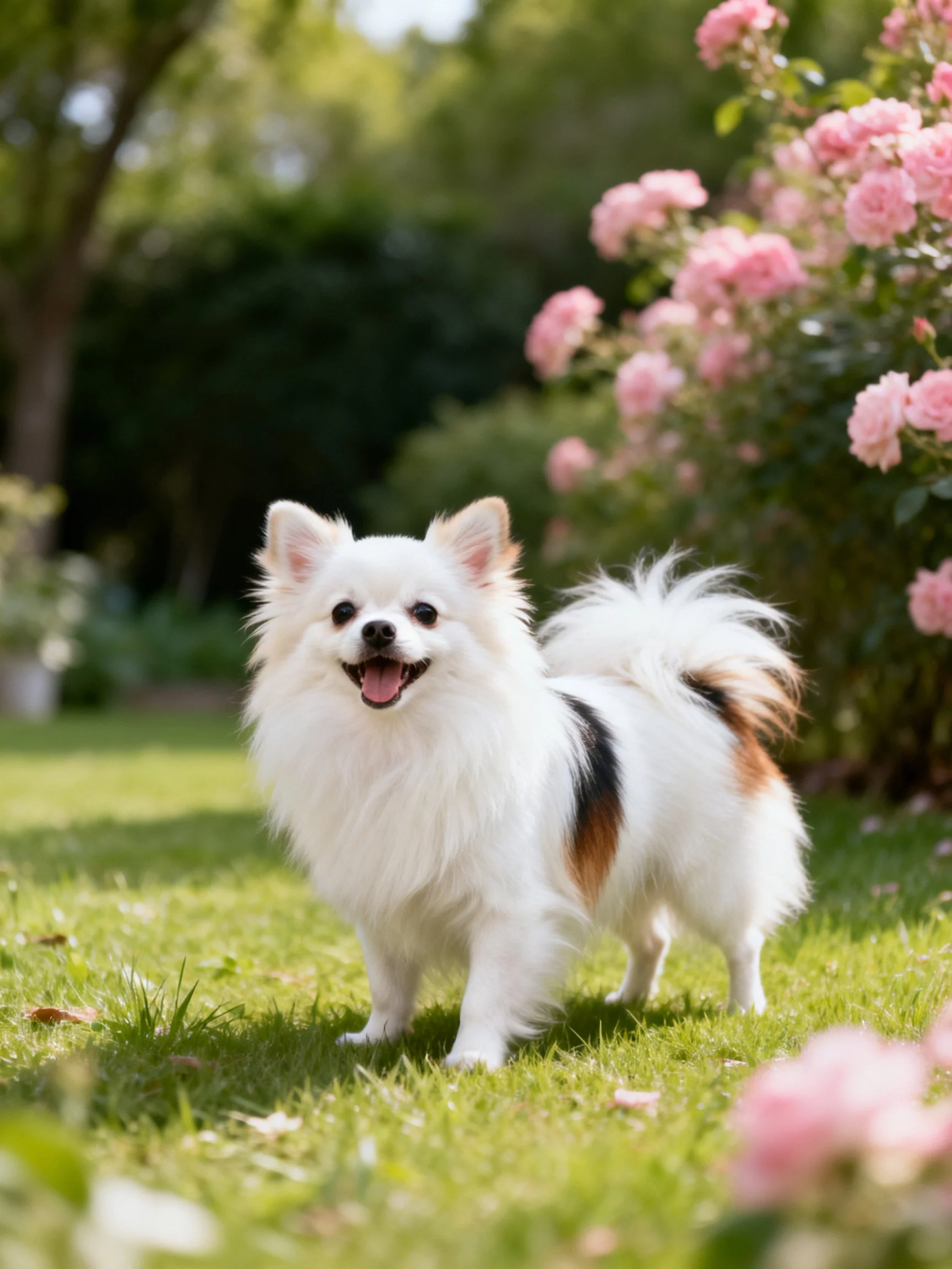 Asmall white dog enjoys a sunny day near blooming pink flowers in a garden.