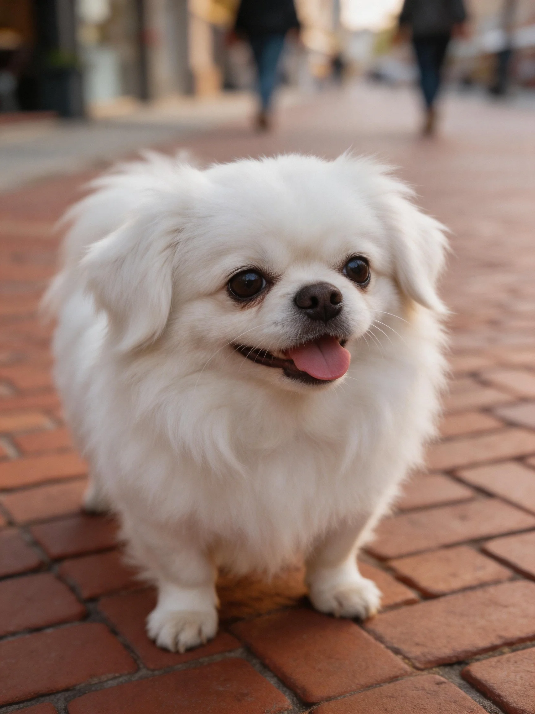 A small white fluffy dog stands on a brick pathway with pedestrians in the distance