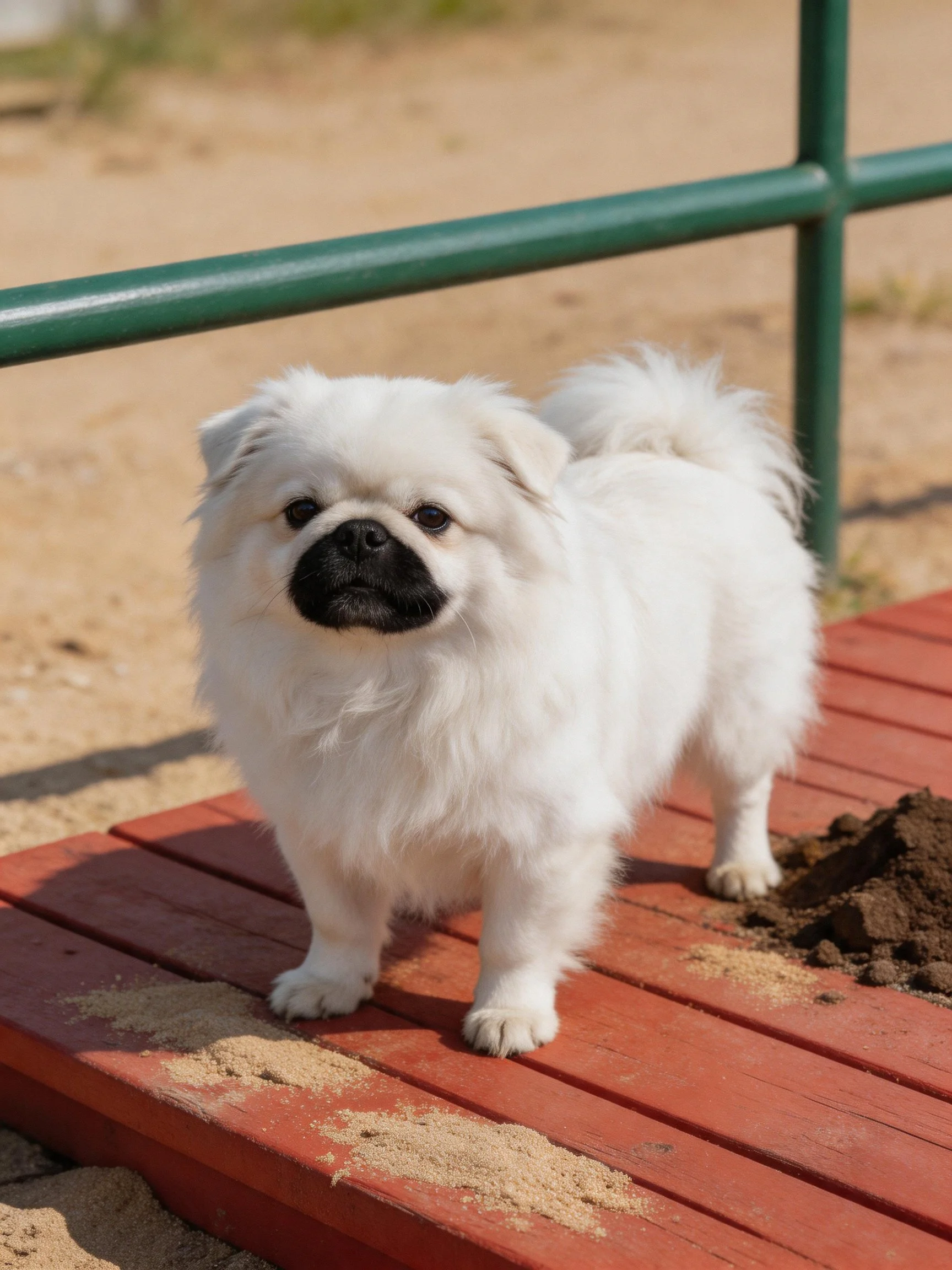 A small white dog stands on a red wooden platform in an outdoor setting.