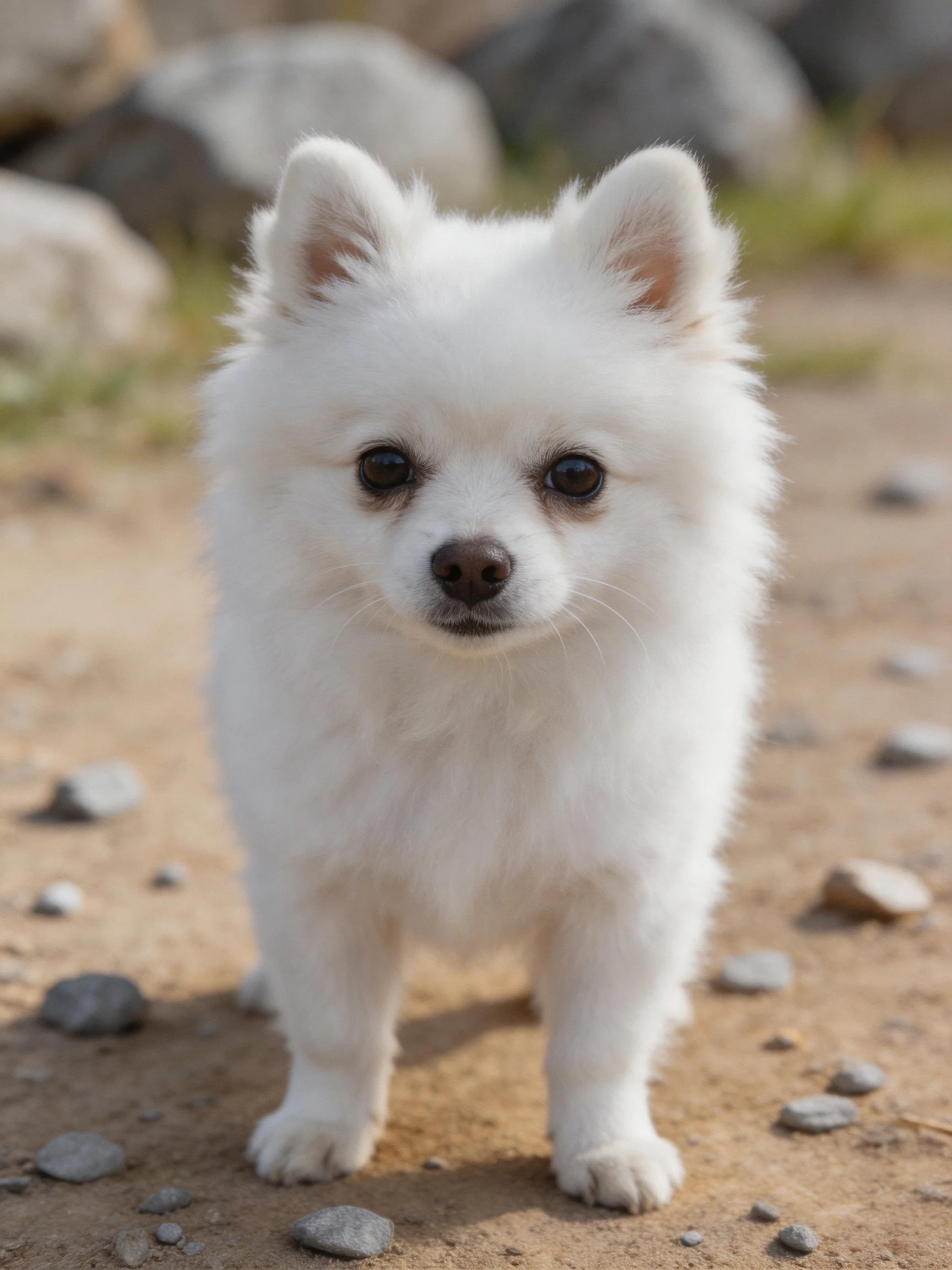 A small white fluffy dog stands on a rocky dirt path.