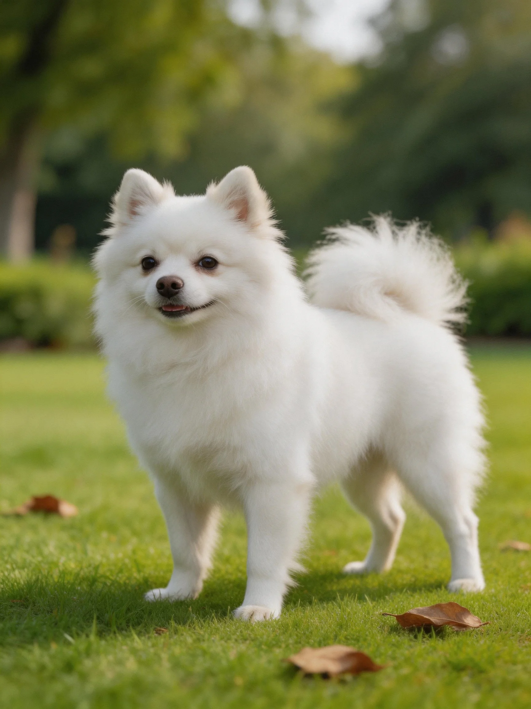 A small white dog stands on green grass near scattered brown leaves.