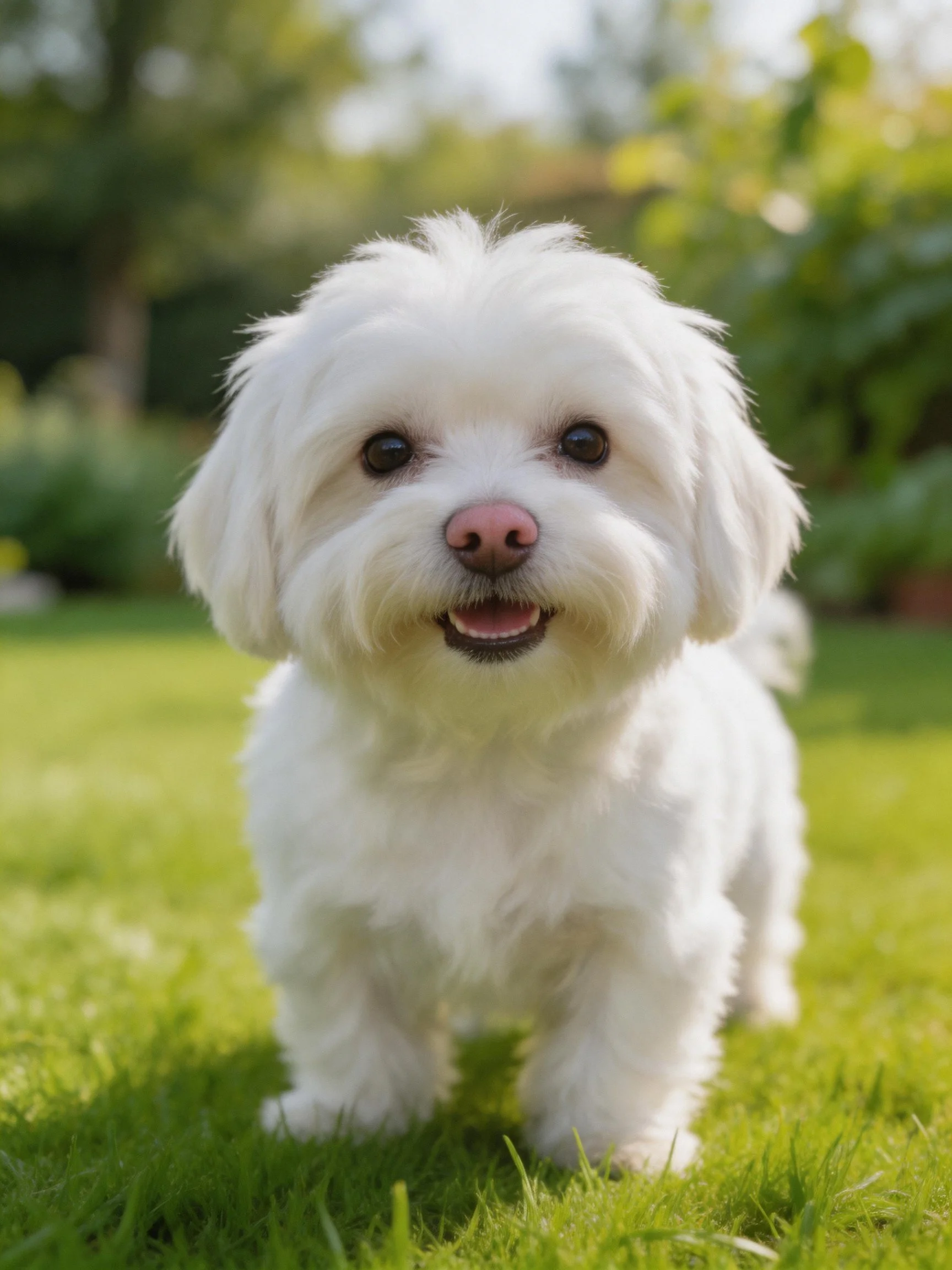 A small white dog stands happily on green grass in a sunny outdoor garden.