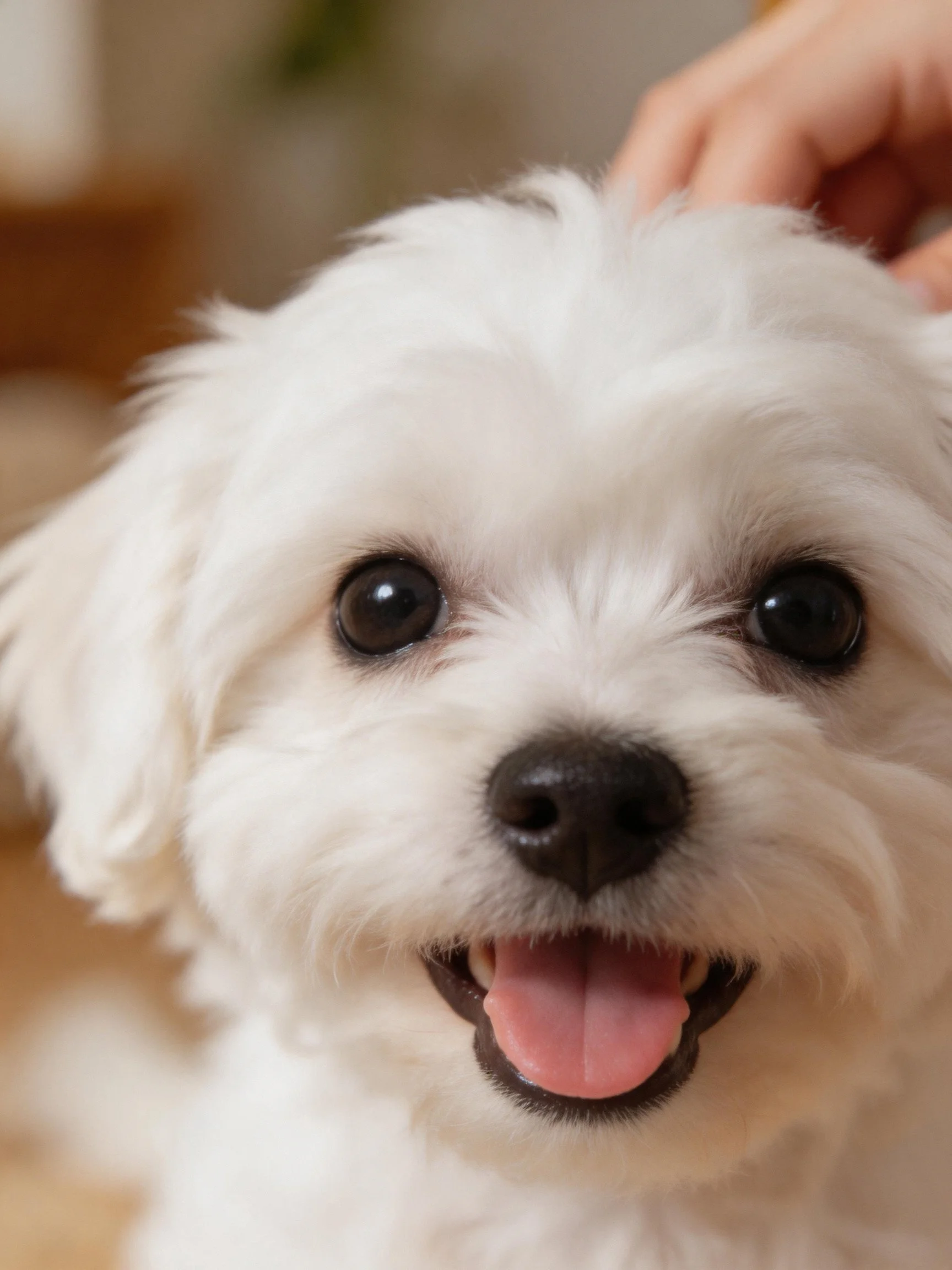 A small white fluffy dog with dark eyes looks happy while being petted.