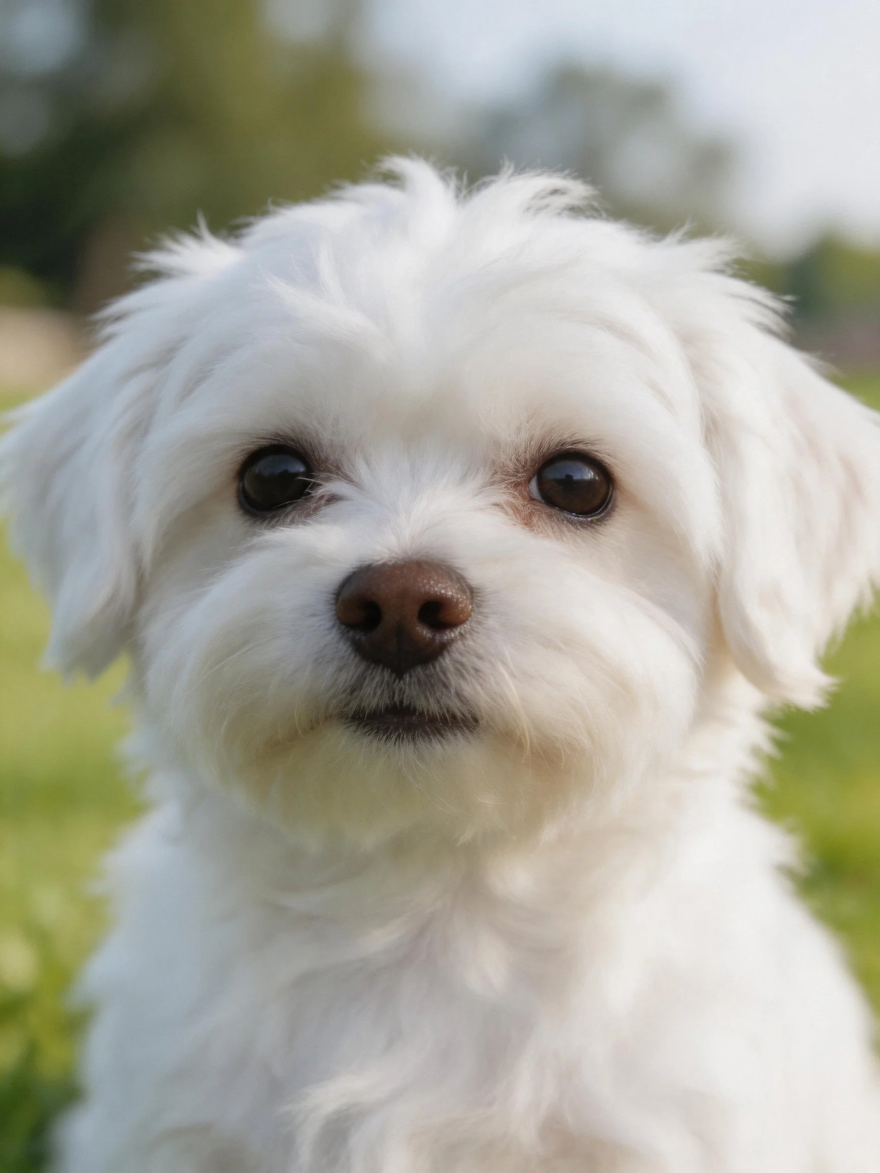 A small white fluffy dog with dark eyes gazes directly at the viewer in an outdoor environment.