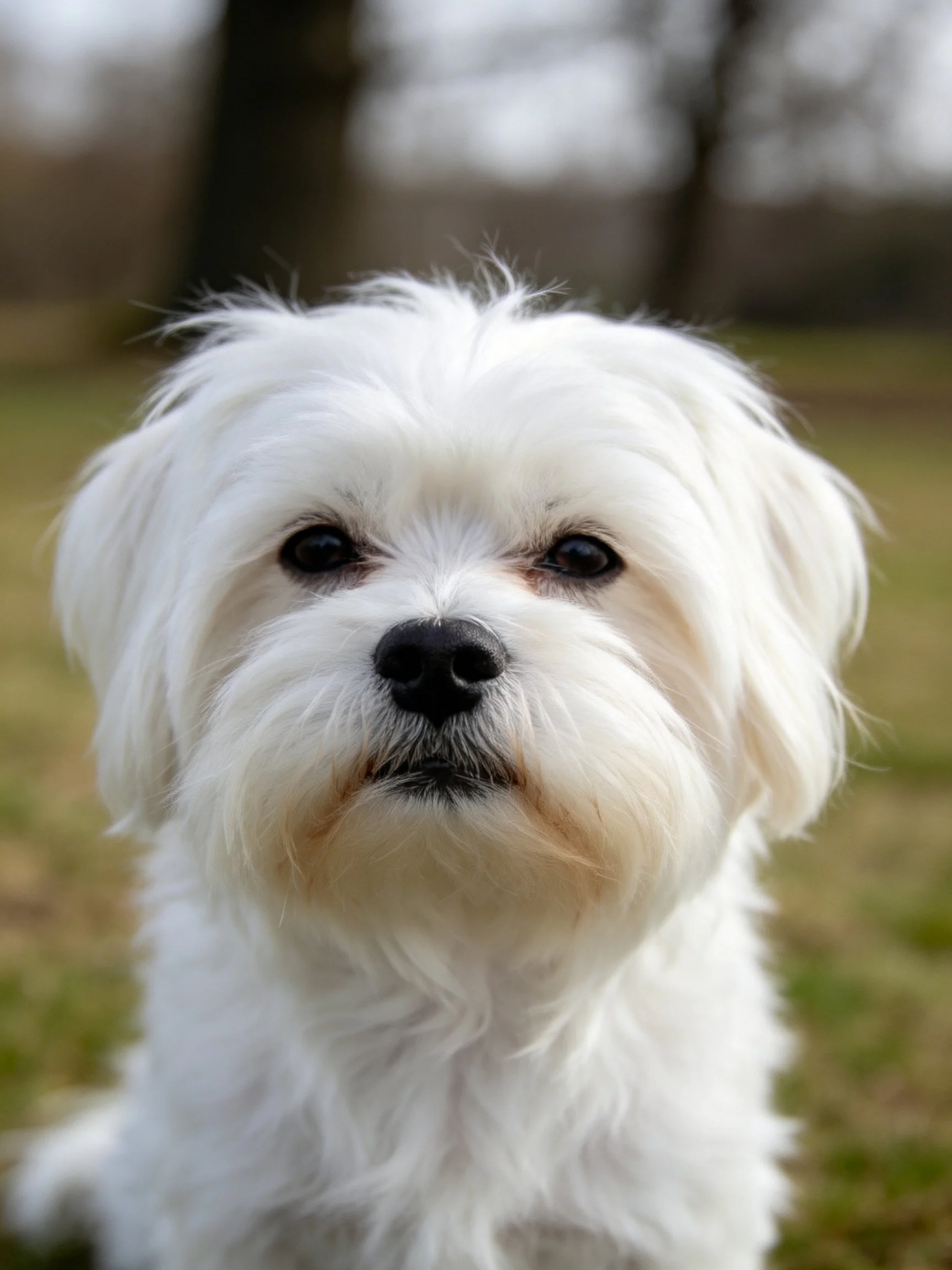 A small white fluffy dog looks directly at the camera in an outdoor area.