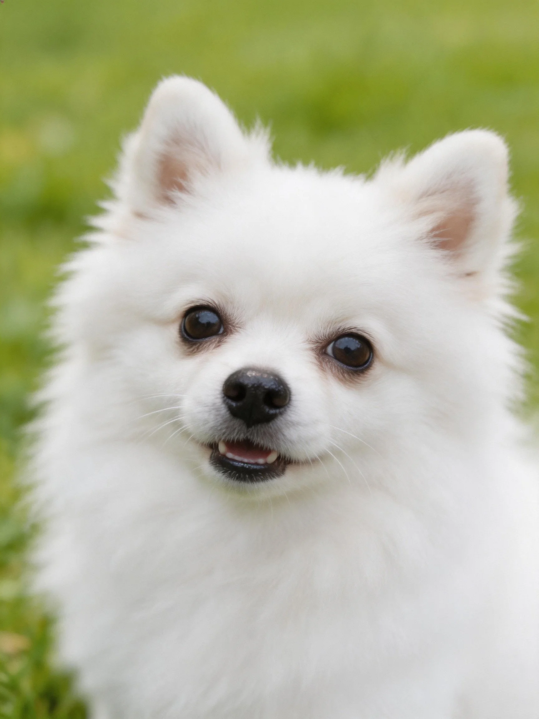 A small white fluffy dog stands on green grass.