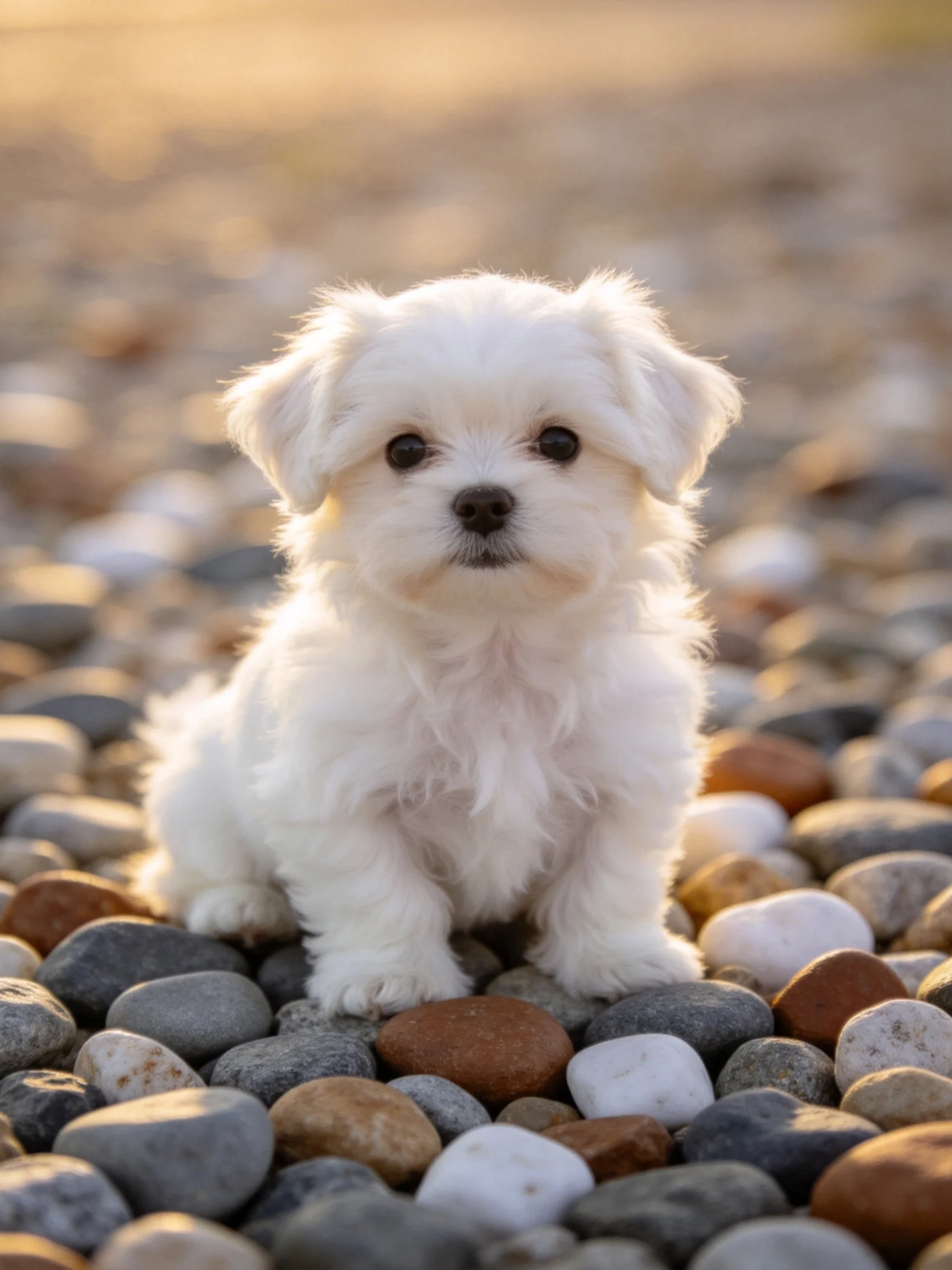 A small white puppy sits on colorful pebbles in an outdoor setting.