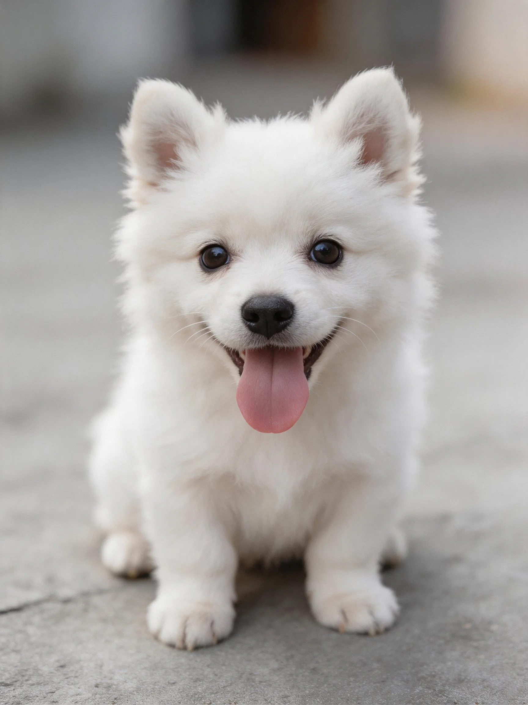 A small white fluffy puppy sits happily on concrete.