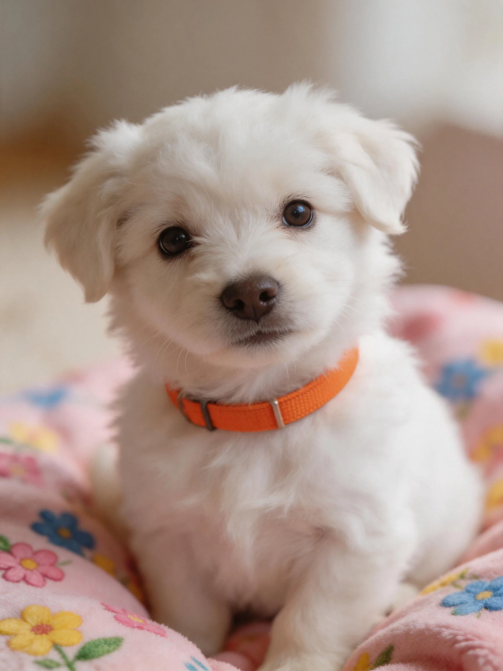 A small white fluffy puppy with an orange collar sits on a flowered blanket.
