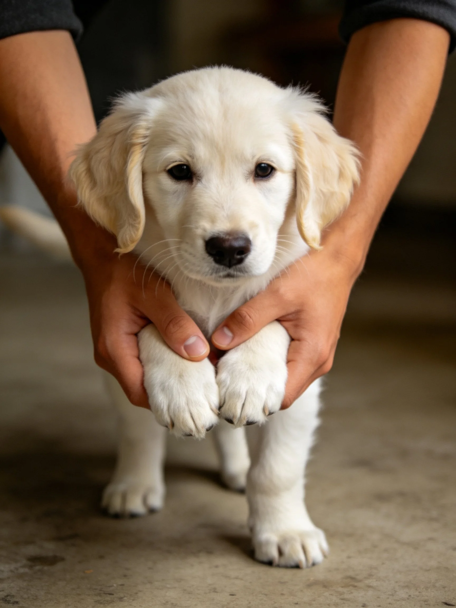 Human hands hold the front paws of a small white puppy.