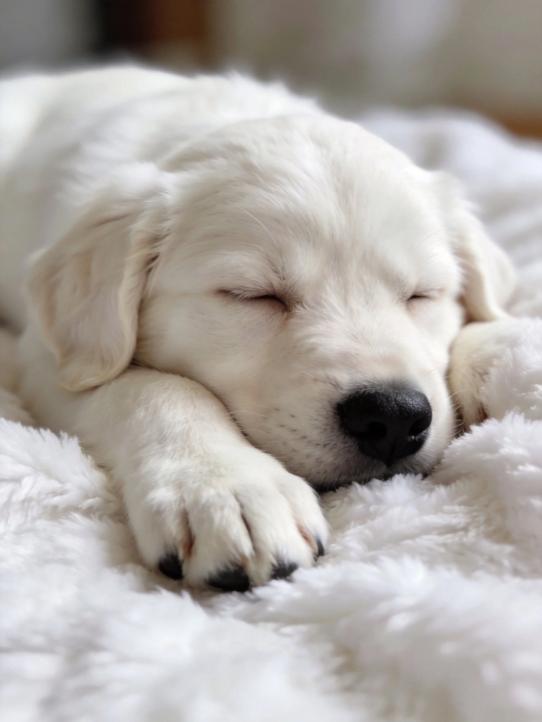 A small white puppy sleeps soundly on a soft white blanket.