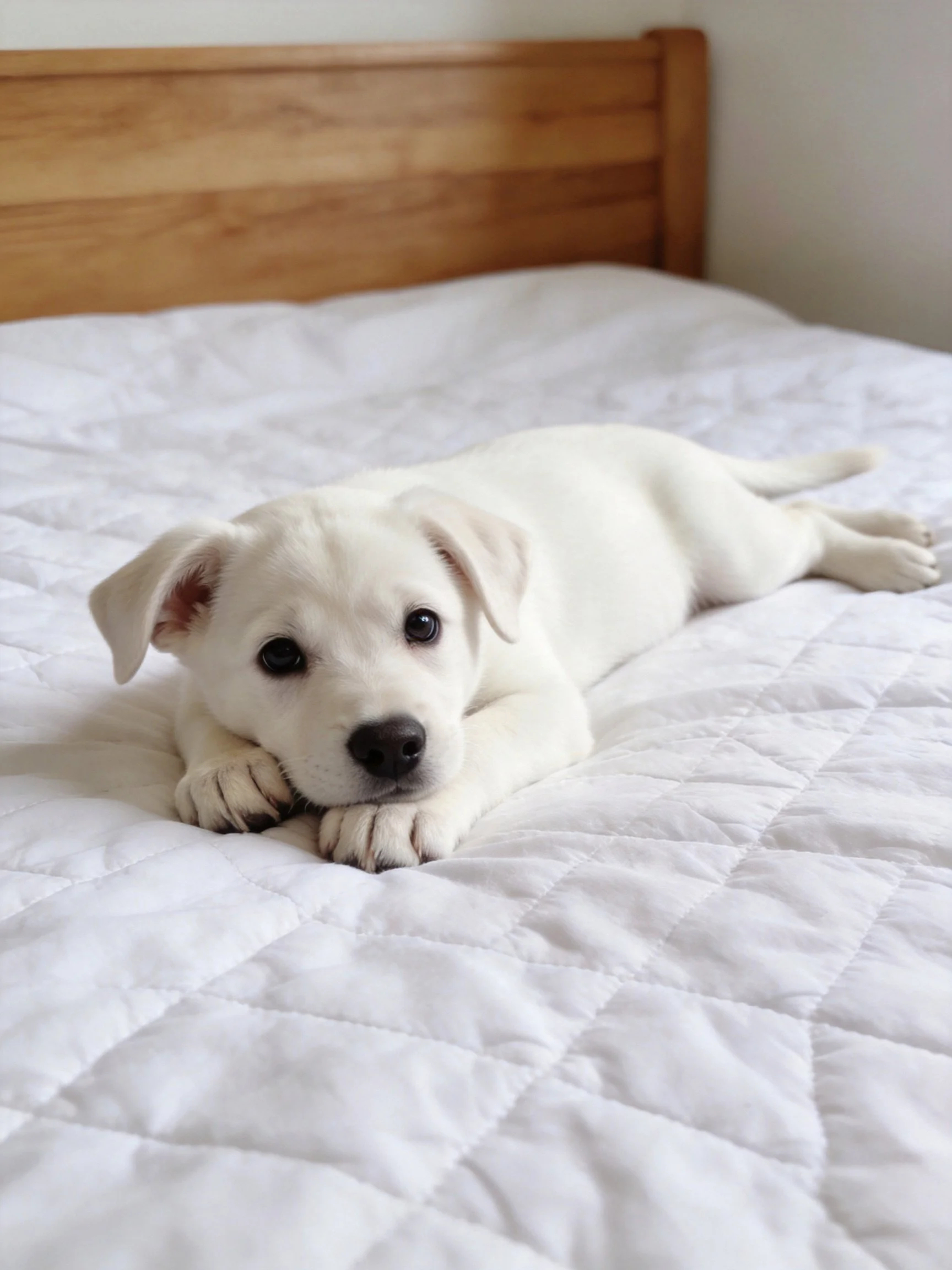 A small white puppy relaxes on a white quilted bed.