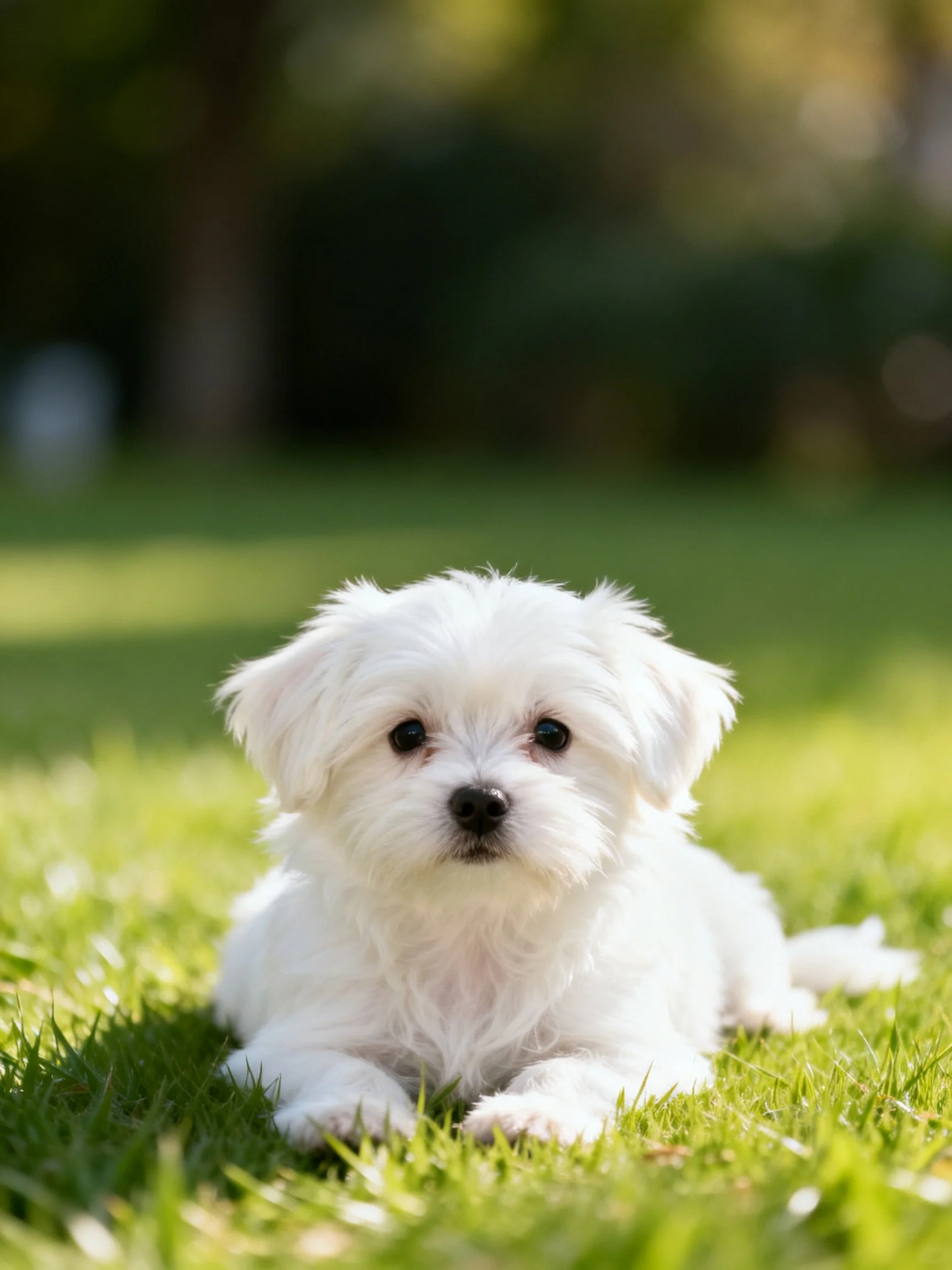 A small white puppy lies calmly on lush green grass in an outdoor setting.