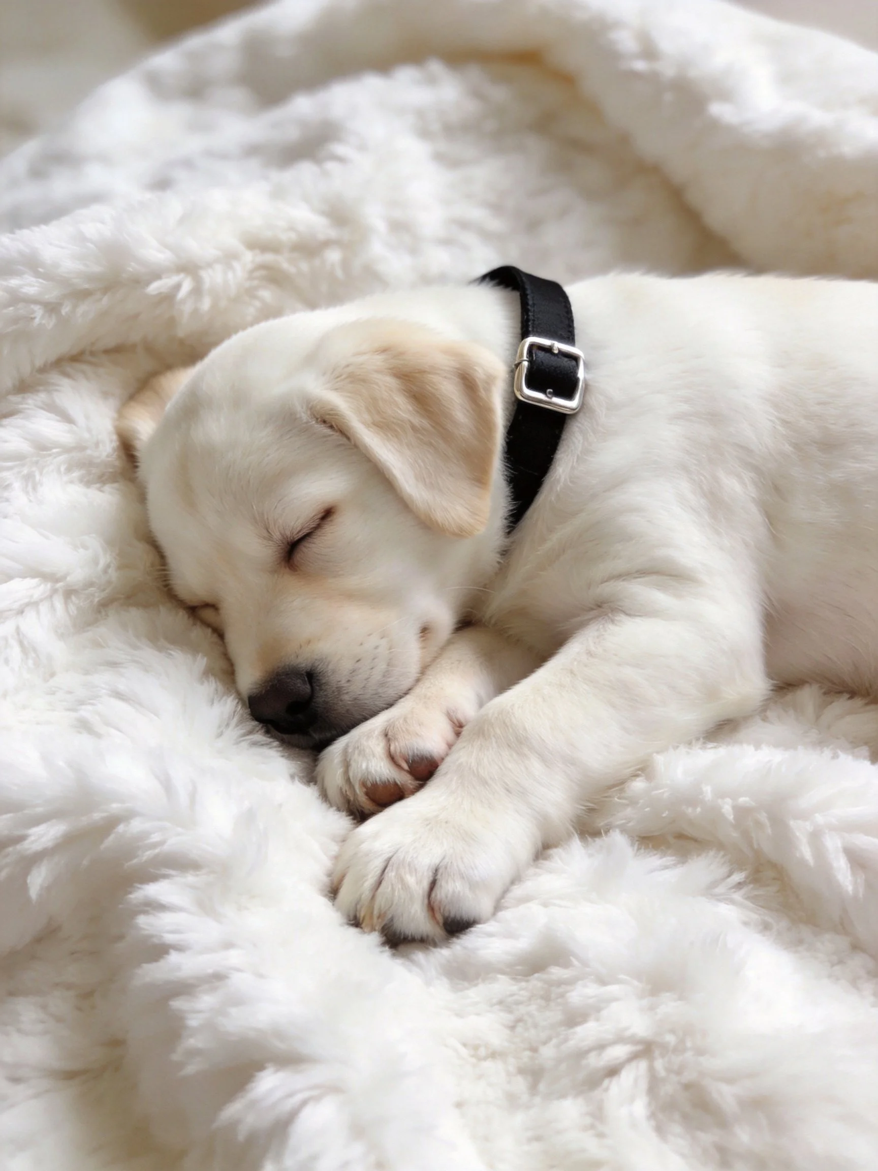 A small white puppy peacefully sleeps on a soft white blanket.