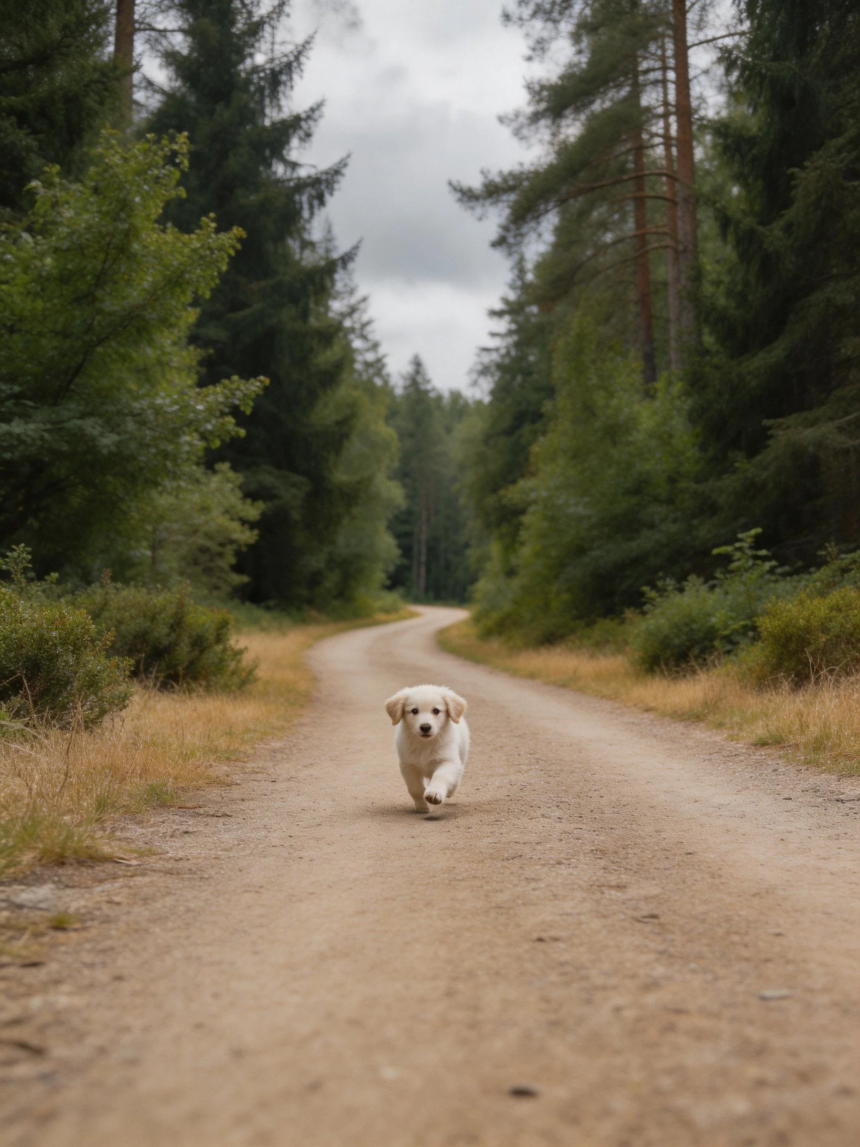 A small white puppy runs toward the viewer on a winding dirt path surrounded by tall trees.