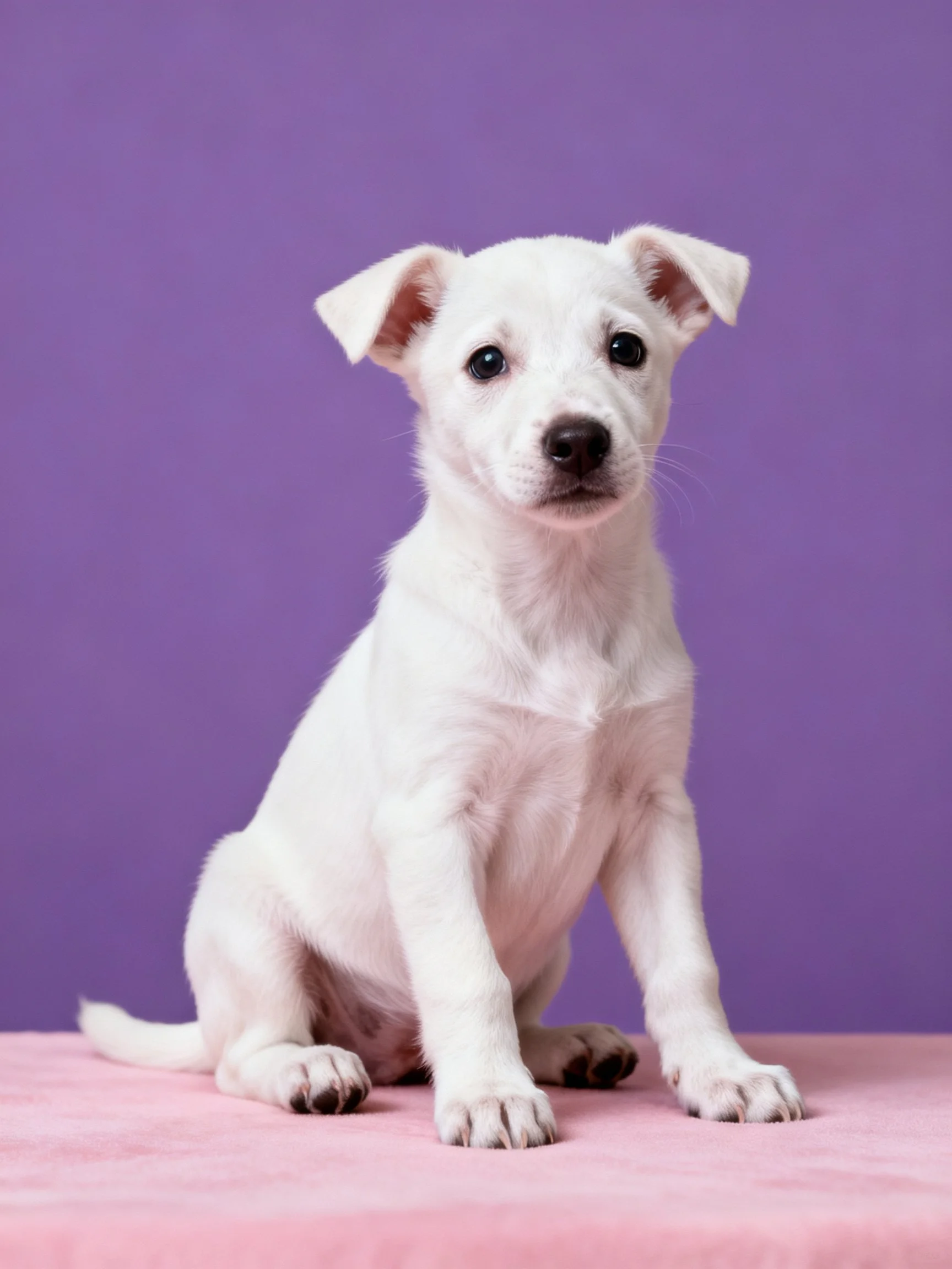 A small white puppy sits calmly on a pink surface with a purple background.