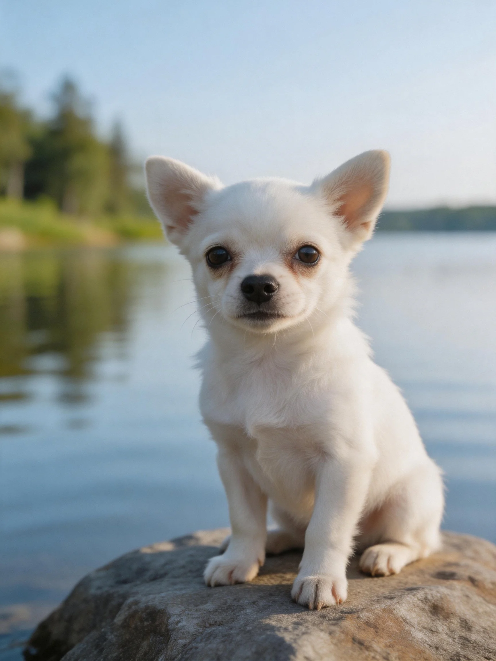 A small white puppy sits on a rock near a serene body of water