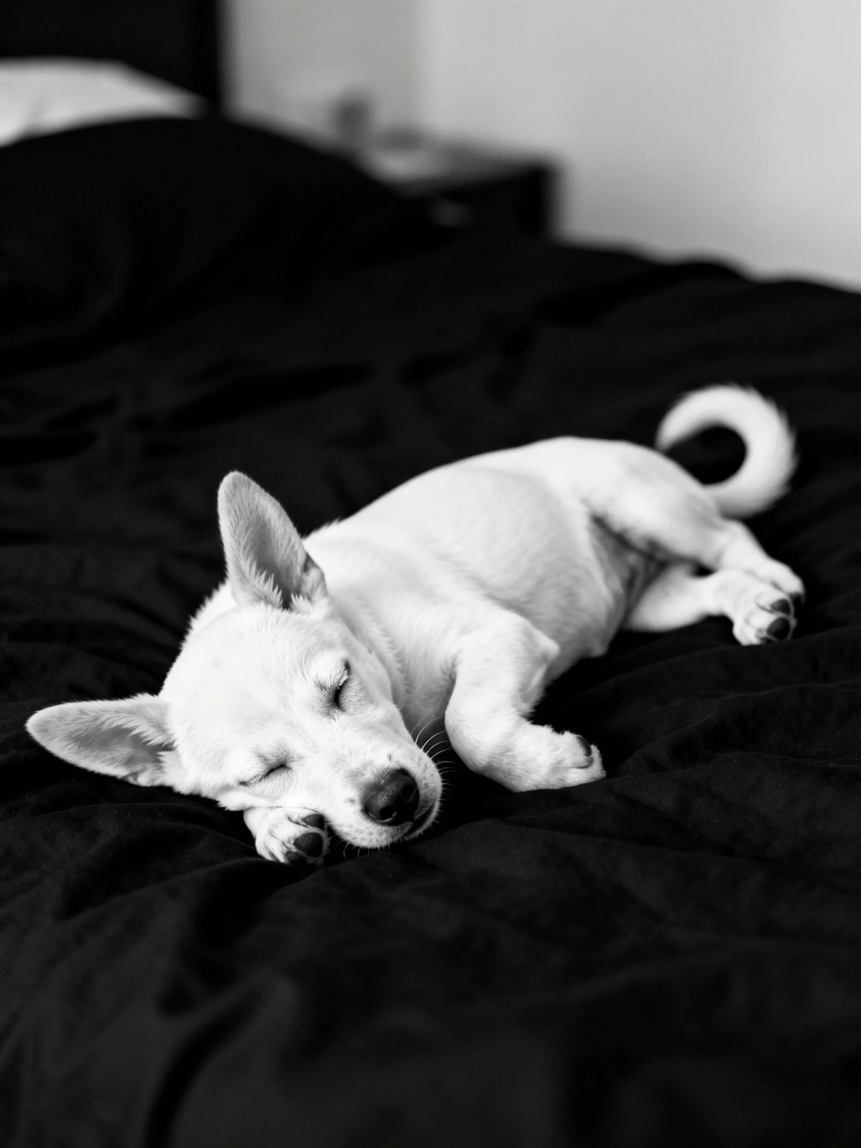 A small white puppy sleeps soundly on a dark bed.