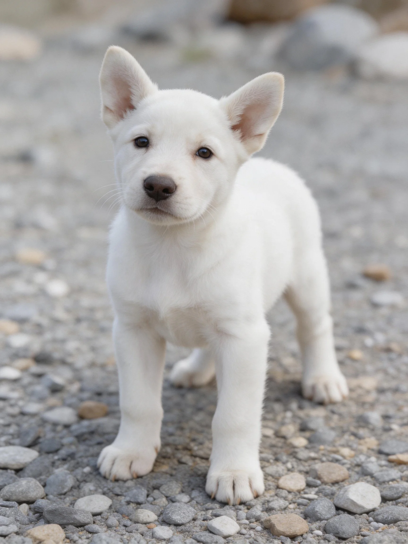 A small white puppy stands on gravel-covered ground.