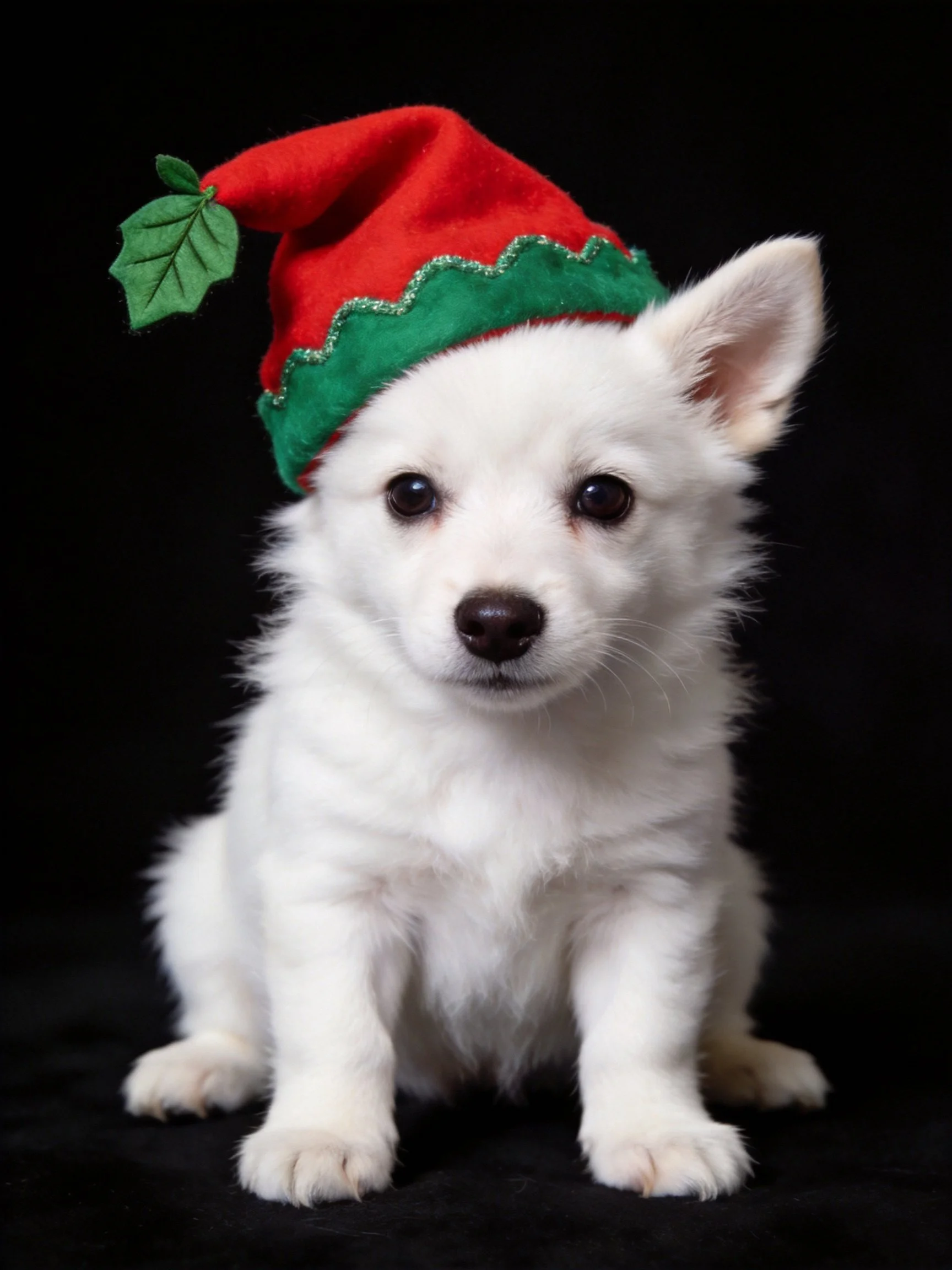 A small white puppy sits calmly wearing a festive red and green hat.