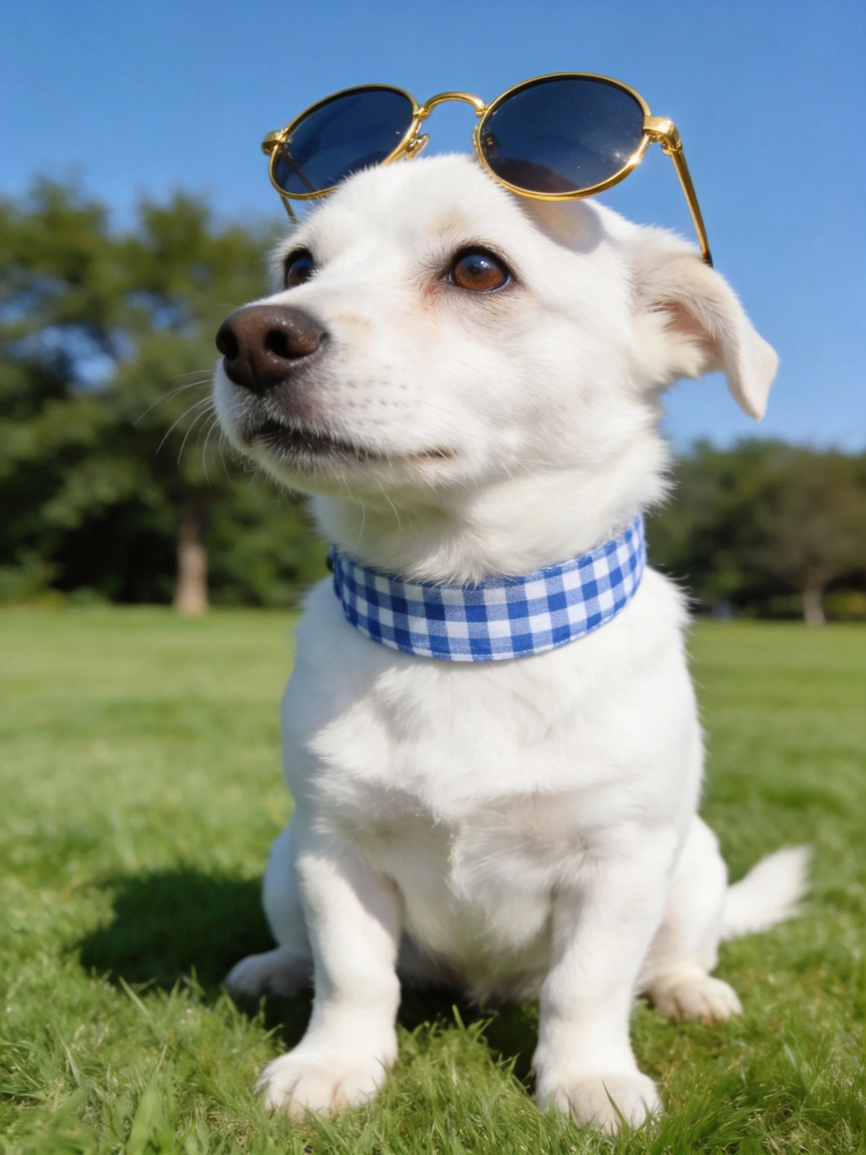 A small white puppy with accessories sits on grass in an outdoor setting.
