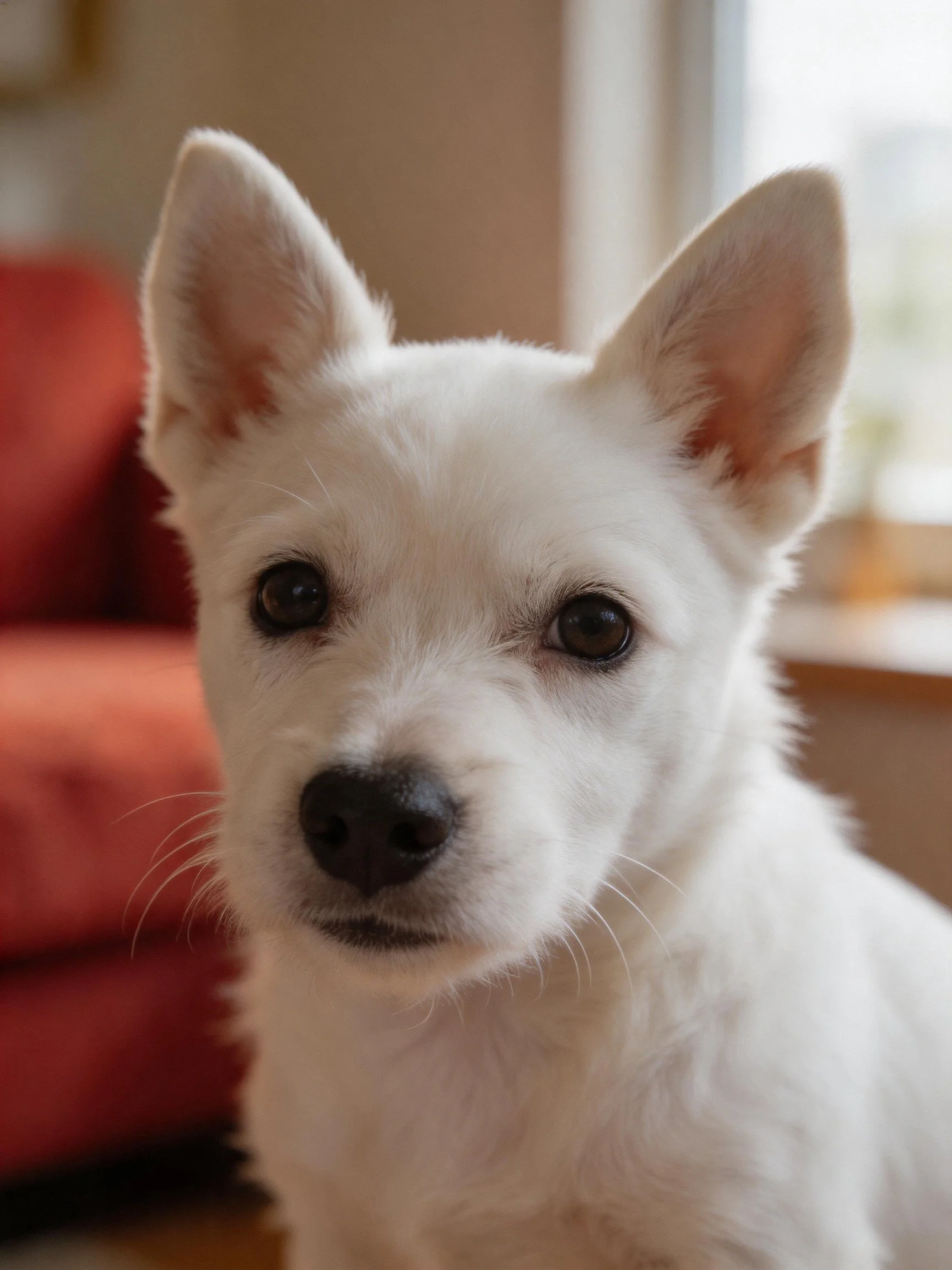 A small white puppy with upright ears near a red couch