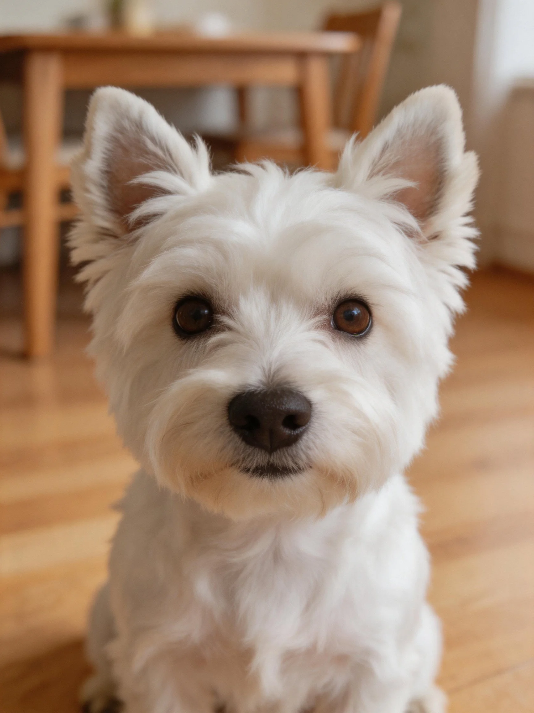 A small white terrier dog sits calmly in an indoor space.