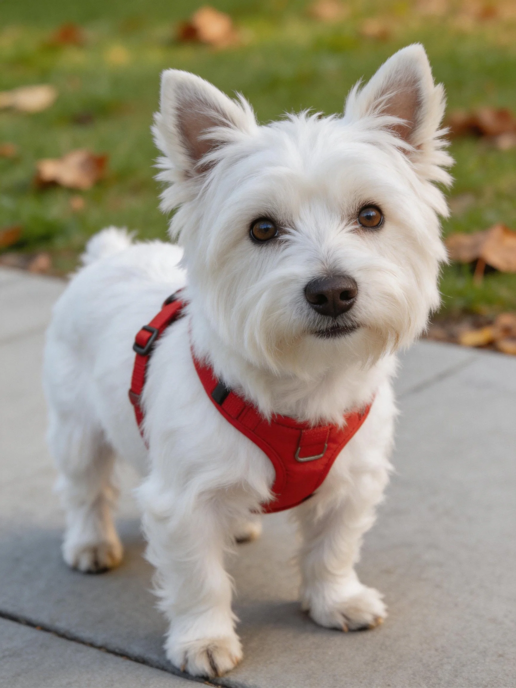 A small white terrier dog wears a red harness while standing on pavement.
