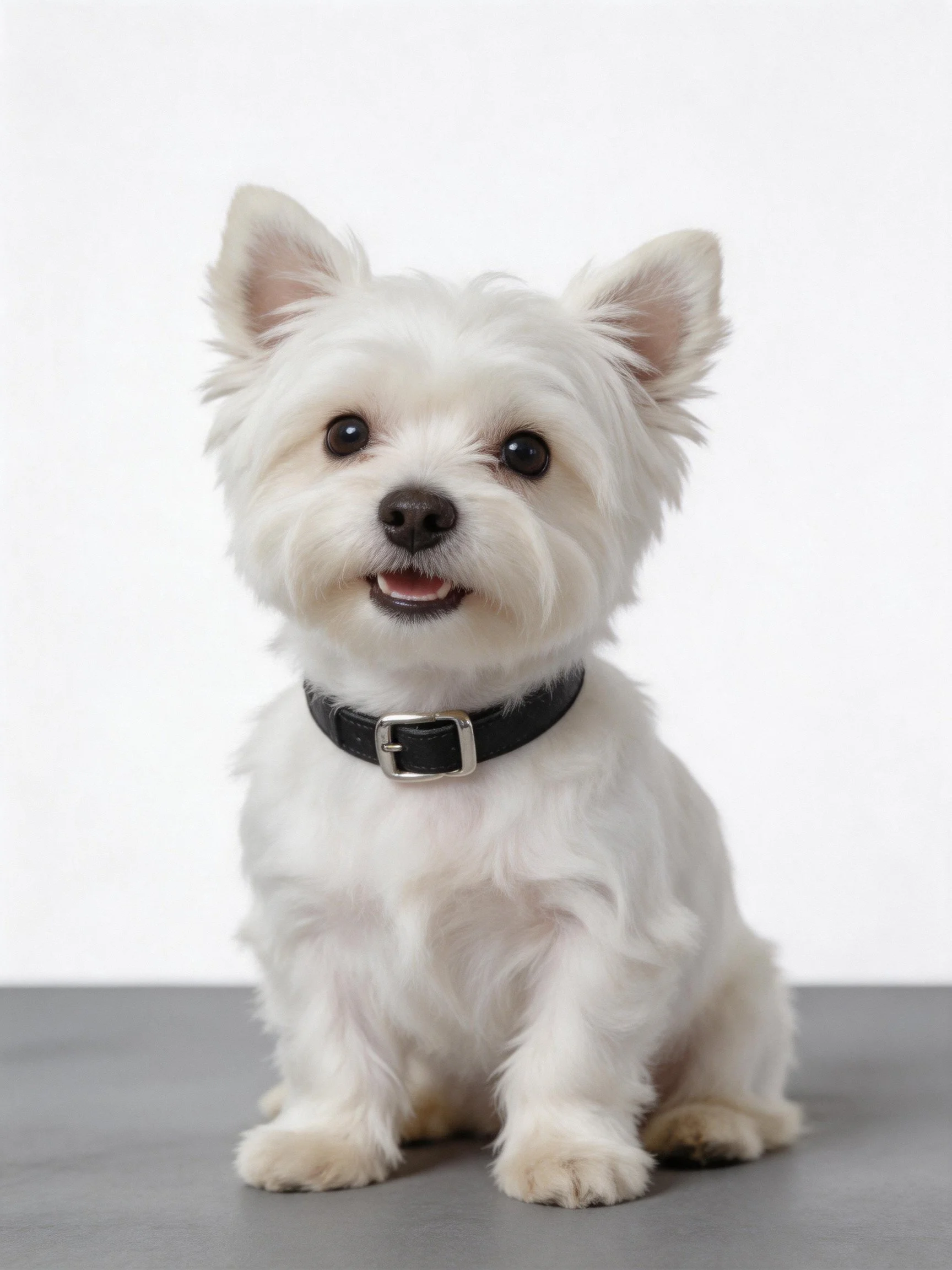 A small white terrier dog with a black collar sits attentively.