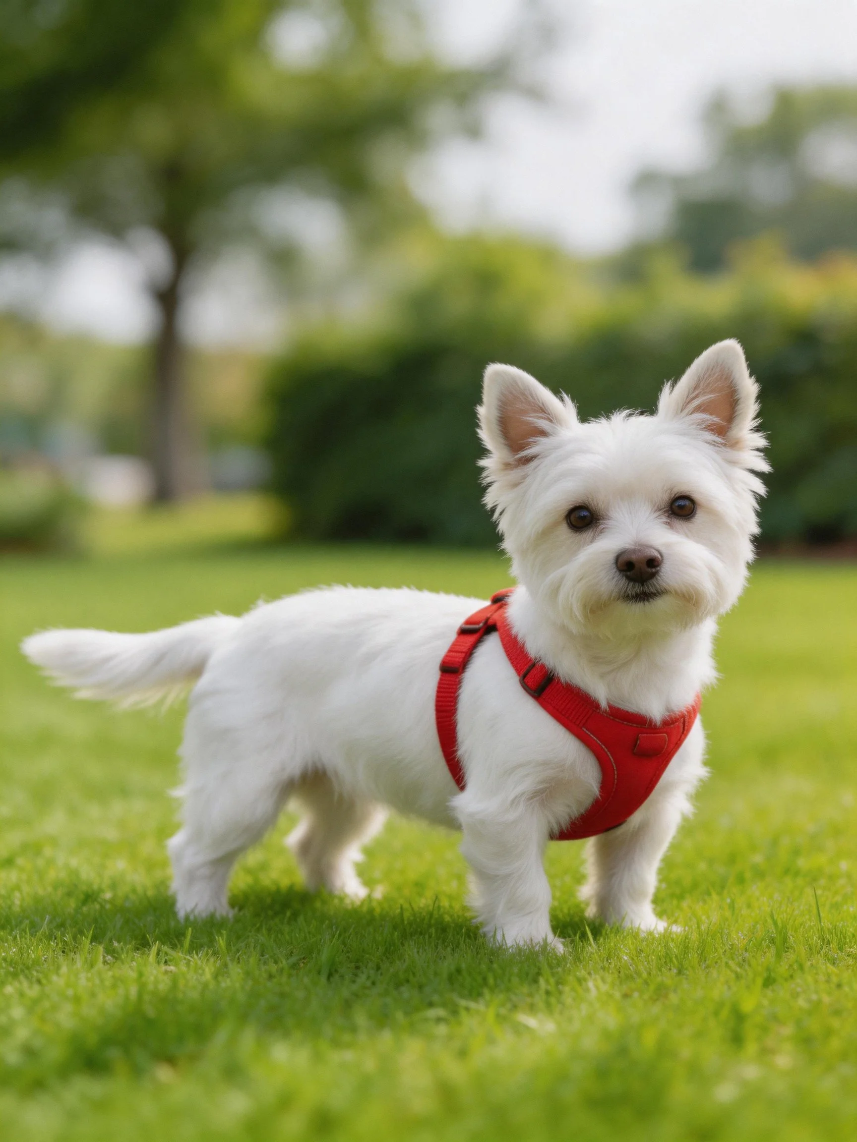 A small white terrier dog with a red harness stands on green grass outdoors.