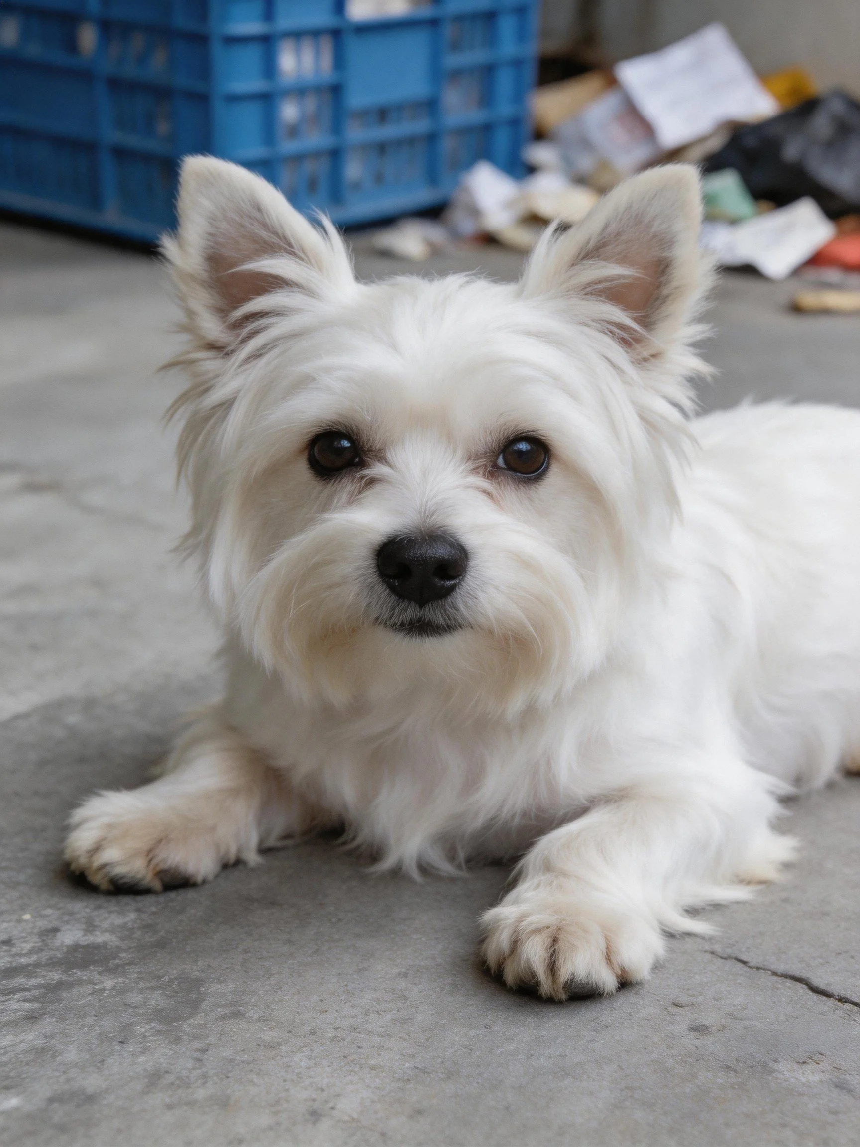 A small white terrier rests calmly on a concrete surface with a blue crate in the background.