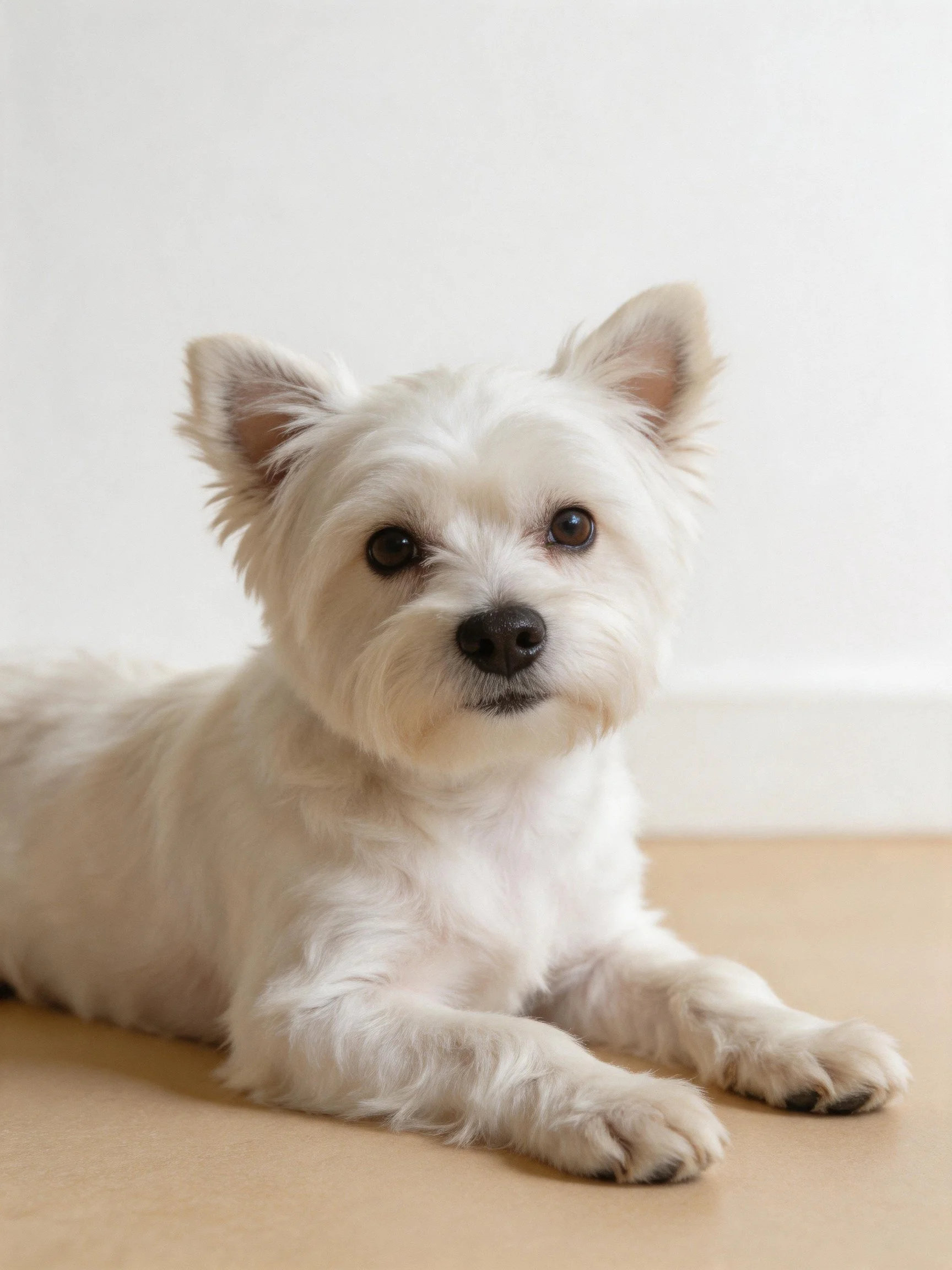 A small white terrier lies calmly on a beige surface against a plain wall.